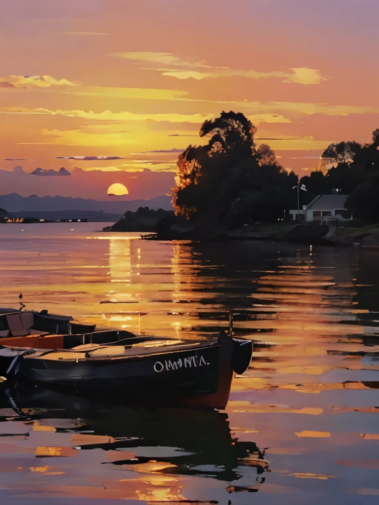 a sunset over the water with a boat in the foreground and trees in the background, a picture by Francisco de Holanda, shutterstock, fine art, warm beautiful scene, beautiful sunset, orange sun set, beautiful sunrise, the most beautiful sunset, sun sunset, orange sunset, sunset red and orange, sunset sunrise, very beautiful photo, beautiful sunset glow, golden sunset