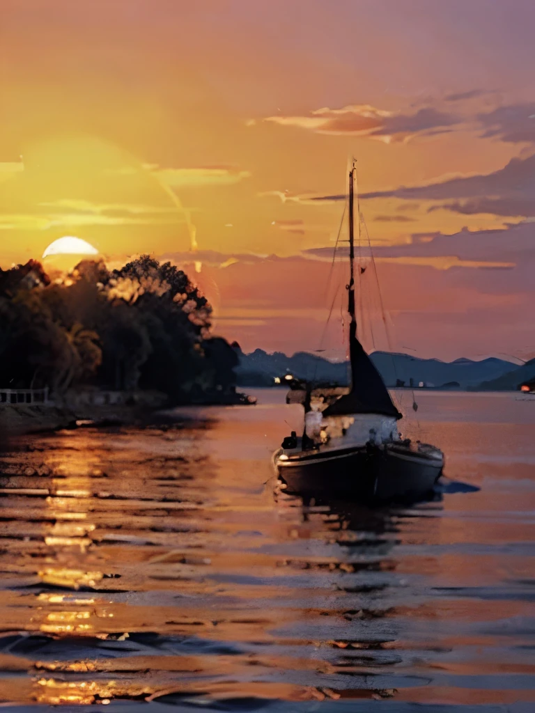 a sunset over the water with a boat in the foreground and trees in the background, a picture by Francisco de Holanda, shutterstock, fine art, warm beautiful scene, beautiful sunset, orange sun set, beautiful sunrise, the most beautiful sunset, sun sunset, orange sunset, sunset red and orange, sunset sunrise, very beautiful photo, beautiful sunset glow, golden sunset