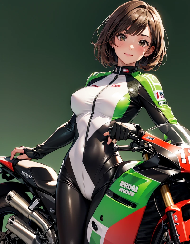  1 girl, solo,  high res, chest,  blush,  smiles,  short hair , bangs,  brown eyes,  high res, masterpiece, accurate,  anatomically correct,  wins numerous awards, 最 High Quality , high detail,  high definition model ,  High Quality ,  retina,  very detailed,  Ultra Fine, Brown Hair, standing, ((( GREEN LEATHER RACING SUIT ))), circuit field background , GREEN SPORTS BIKE ,  wear a green racing suit all over, Leather gloves,  open your mouth and laugh, Highlight the whole body,  don't reveal your skin, During a circuit race, Motorcycle circuit , motorcycle circuit,  racing suit with sponsor logo , ( 1 girl, Well-proportioned body,  cute face,  short hair:1.2), (最 High Quality ,  high res,  anime style to cover left eye,  Motorsports rider with digital drawing mode  ,  realistic :1.1), MotoGP rider,  pose beside a Moto GP bike with a helmet in hand,  depth of field ,  Circuit Background ,  detailed texture with helmet in hand, No. 15, 