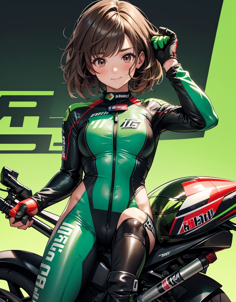  1 girl, solo,  high res, chest,  blush,  smiles,  short hair , bangs,  brown eyes,  high res, masterpiece, accurate,  anatomically correct,  wins numerous awards, 最 High Quality , high detail,  high definition model ,  High Quality ,  retina,  very detailed,  Ultra Fine, Brown Hair, standing, ((( GREEN LEATHER RACING SUIT ))), circuit field background , GREEN SPORTS BIKE ,  wear a green racing suit all over, Leather gloves,  open your mouth and laugh, Highlight the whole body,  don't reveal your skin, During a circuit race, Motorcycle circuit , motorcycle circuit,  racing suit with sponsor logo , ( 1 girl, Well-proportioned body,  cute face,  short hair:1.2), (最 High Quality ,  high res,  anime style to cover left eye,  Motorsports rider with digital drawing mode  ,  realistic :1.1), MotoGP rider,  pose beside a Moto GP bike with a helmet in hand,  depth of field ,  Circuit Background ,  detailed texture with helmet in hand, No. 15, 