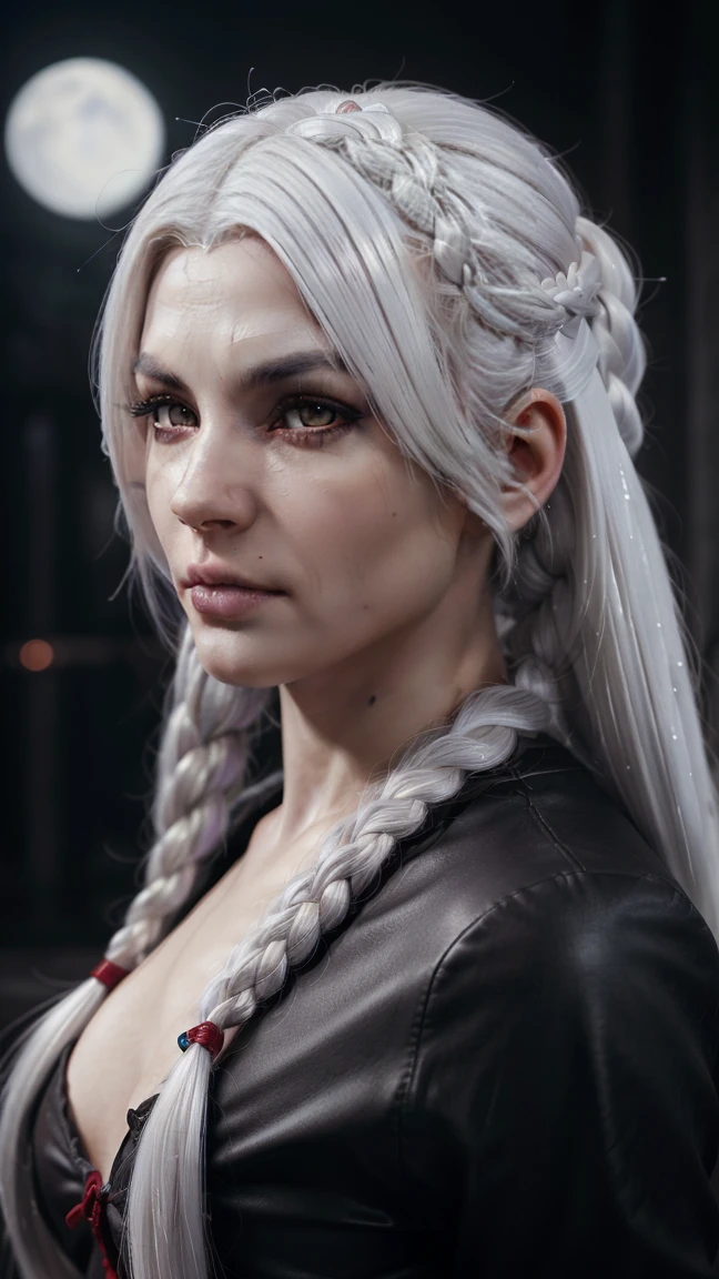A woman, white hair, wearing bard clothes. Her iris is purple