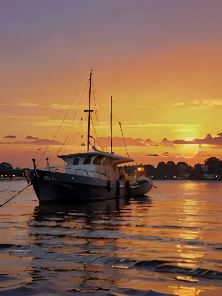 a sunset over the water with a boat in the foreground and trees in the background, a picture by Francisco de Holanda, shutterstock, fine art, warm beautiful scene, beautiful sunset, orange sun set, beautiful sunrise, the most beautiful sunset, sun sunset, orange sunset, sunset red and orange, sunset sunrise, very beautiful photo, beautiful sunset glow, golden sunset