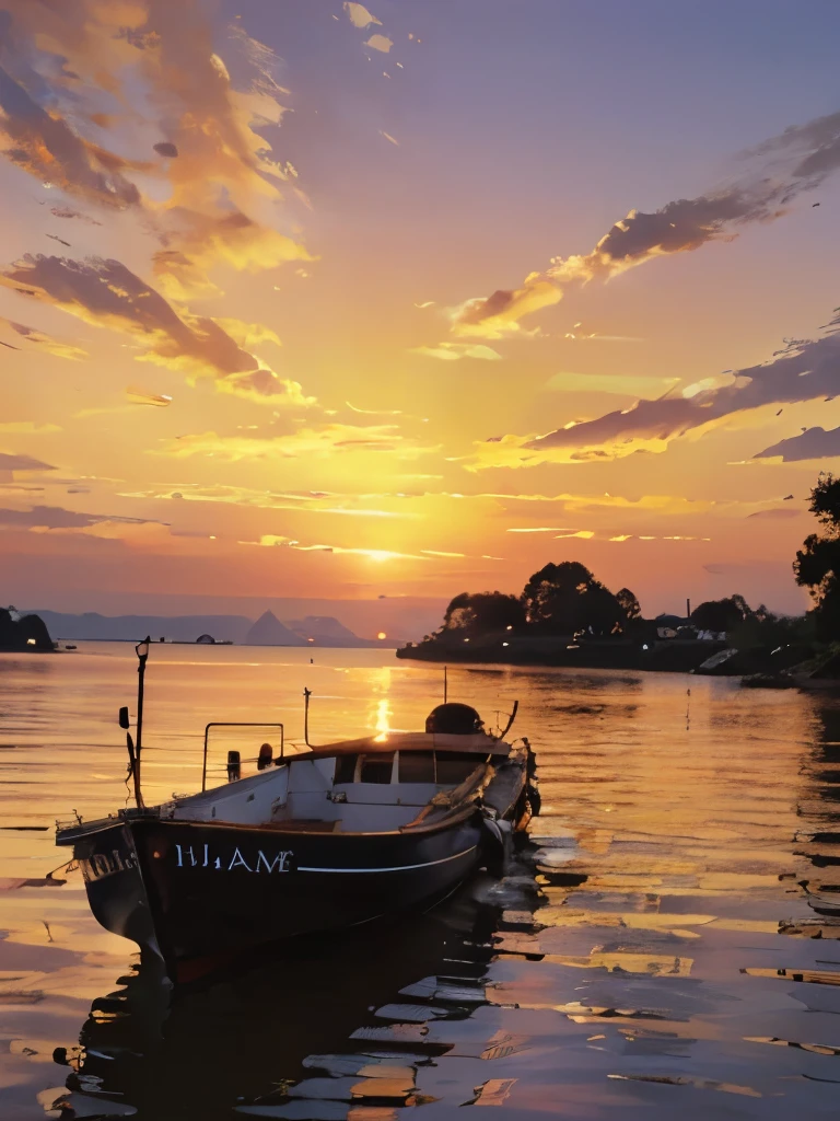 a sunset over the water with a boat in the foreground and trees in the background, a picture by Francisco de Holanda, shutterstock, fine art, warm beautiful scene, beautiful sunset, orange sun set, beautiful sunrise, the most beautiful sunset, sun sunset, orange sunset, sunset red and orange, sunset sunrise, very beautiful photo, beautiful sunset glow, golden sunset