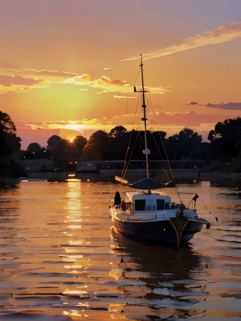 a sunset over the water with a boat in the foreground and trees in the background, a picture by Francisco de Holanda, shutterstock, fine art, warm beautiful scene, beautiful sunset, orange sun set, beautiful sunrise, the most beautiful sunset, sun sunset, orange sunset, sunset red and orange, sunset sunrise, very beautiful photo, beautiful sunset glow, golden sunset