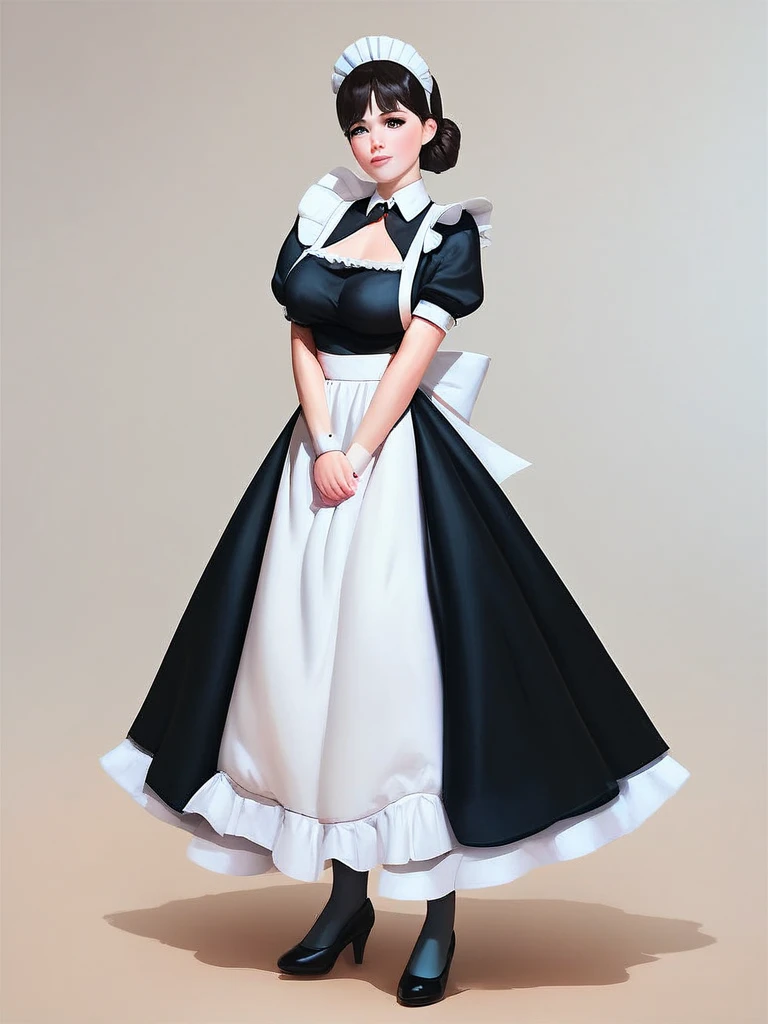 Full body art, full body,(masterpiece,ultra-detailed,best quality,8K,CG:1),illustration,(cute face,clean skin ,shiny hair,ultra-detailed-eyes:1),1girl,large breasts,simple background , maid, maid apron, maid headdress, puffy sleeves, pantyhose