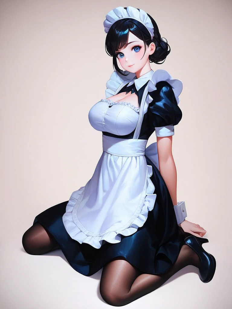 Full body art, full body,(masterpiece,ultra-detailed,best quality,8K,CG:1),illustration,(cute face,clean skin ,shiny hair,ultra-detailed-eyes:1),1girl,large breasts,simple background , maid, maid apron, maid headdress, puffy sleeves, pantyhose