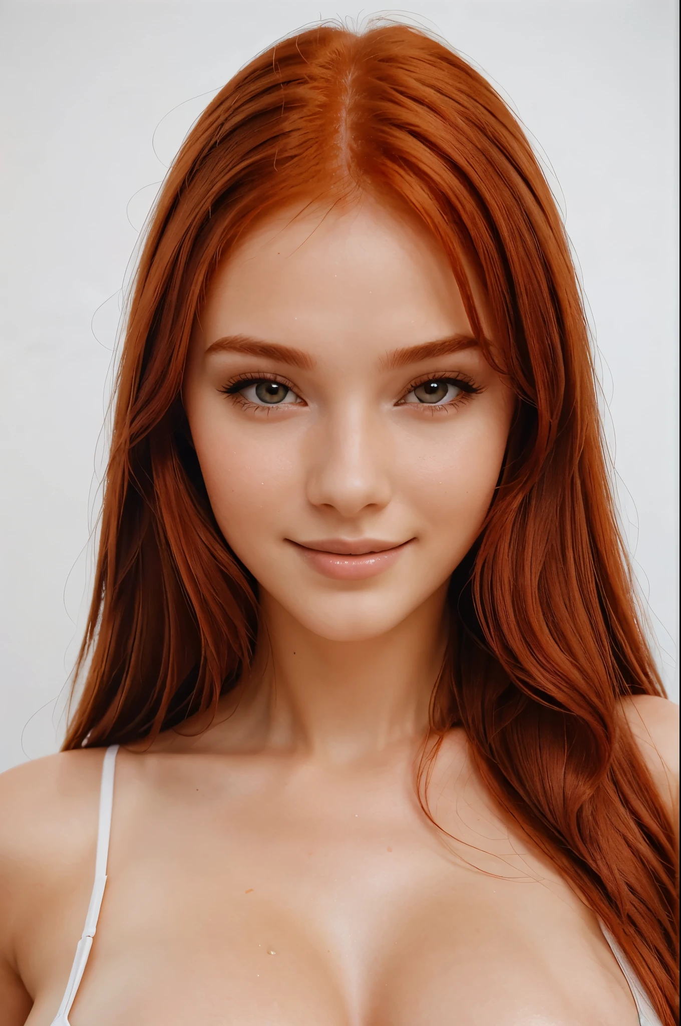  Stunning 20 year old woman with long red hair, slim body, face details ,  big breasts great quality, 4k face photo face portrait on white background having an orgasm,  wet face , smile
