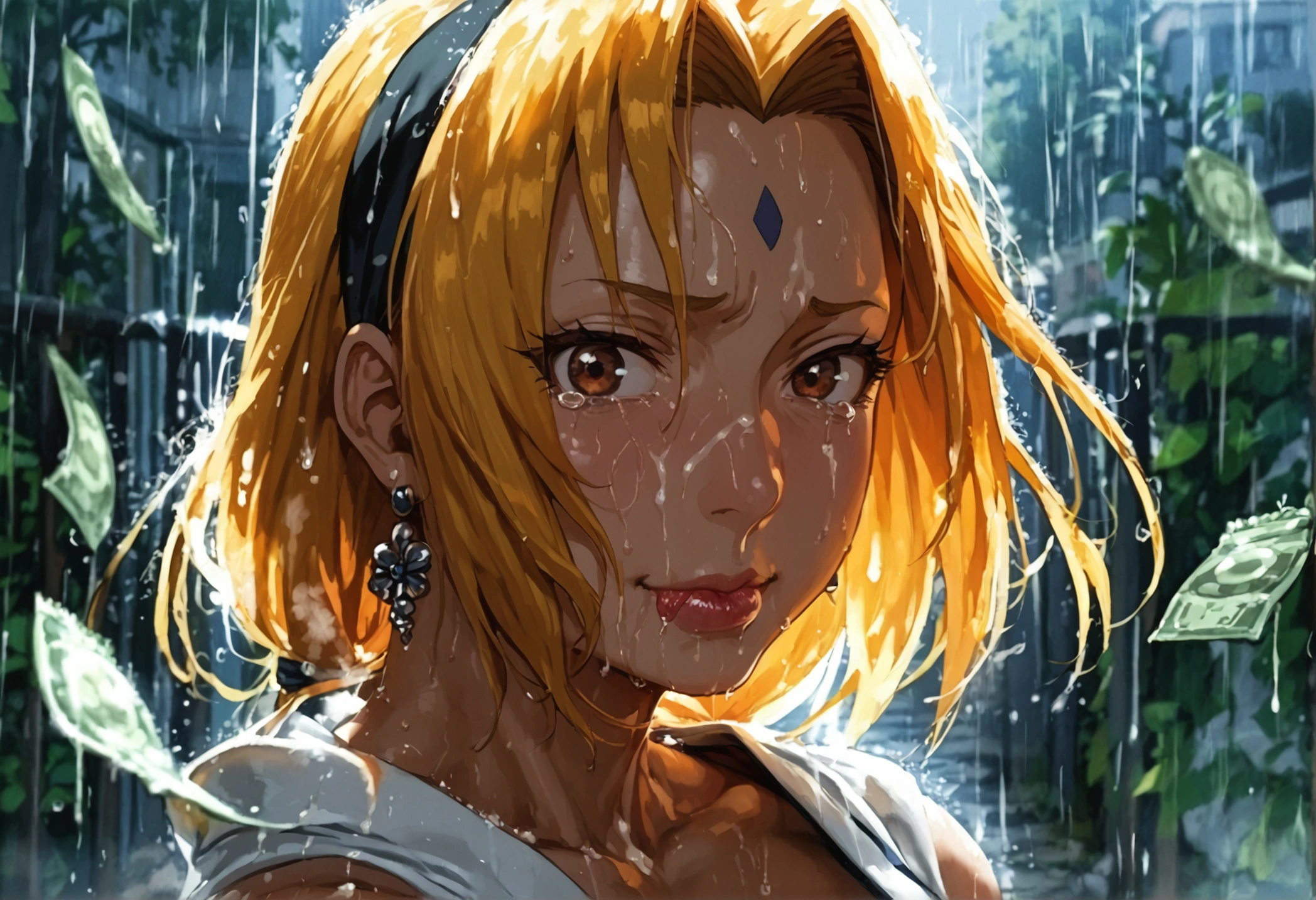 (1girl), big girl, muscular, chubby, (muscular), tsunade, blonde hair, brown eyes, forehead mark, navel, bracelet, angry, shocked eyes, tears, saliva, saliva string, drool, black pubic hair, (sleeveless), grey kimono, lifted kimono, lifted bra, nipples, (extreme sagging breast), large breast, nipple piercing rings, sweating, navel, weight attached on nipples, rain, a lot of money, money on floor, motion lines, usd bills, condom belt, used condom, saliva, head turn, cum on face, cum on breast, cum on hair, low angle, excessive saliva, pov, dark skin man, ugly man, fat man, breast bouncing, bra, girl looking away, pubic hair, 1 phone, pov, money in pants, bukkake, facing away, (saggy breast), (side profile of face), filming, condom on penis, pov phone,  close shot, armpit, tongue out, mouth open wide, smile, purple thong, (cowgirl sex), rape, 2d, small baby bump, cum on armpit, armpit cum, armpit sex, cum on armpit, condom belt, biting lips 