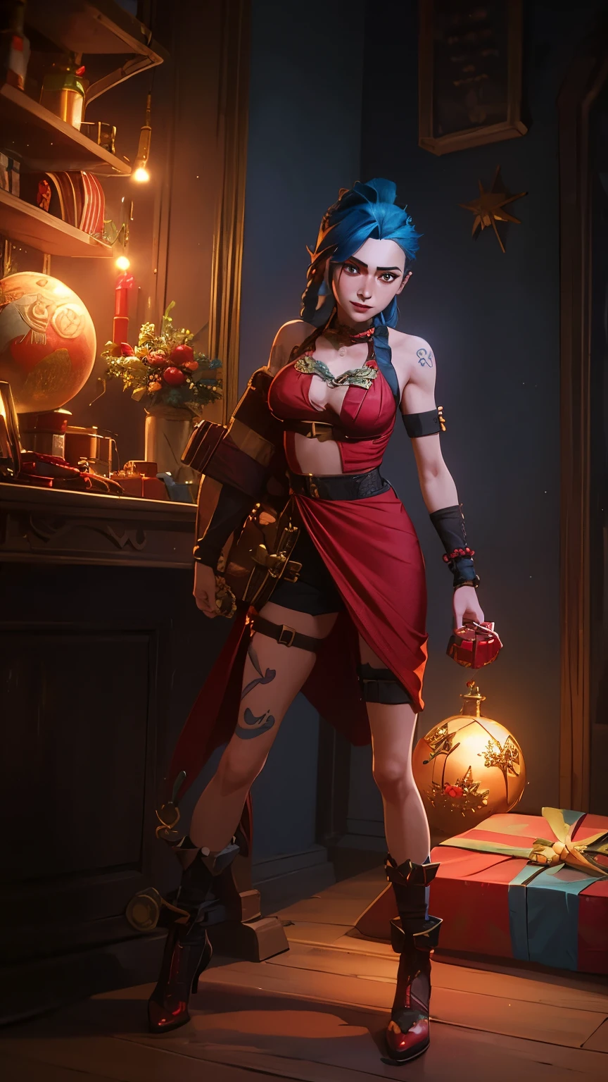 Jinx Arcane in red christmas dress, full body art 1:1. Arcane style, jinx hairstyle with two long blue braids, blue cloud tattoo on the leg. highly detailed, detailed face. Looking at the camera, smiling enigmatically. He's holding a bomb disguised as a Christmas present.