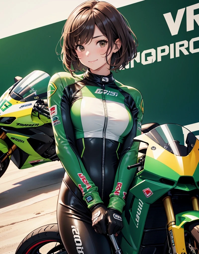  1 girl, solo,  high res, chest,  blush,  smiles,  short hair , bangs,  brown eyes,  high res, masterpiece, accurate,  anatomically correct,  wins numerous awards, 最 High Quality , high detail,  high definition model ,  High Quality ,  retina,  very detailed,  Ultra Fine, Brown Hair, standing, ((( GREEN LEATHER RACING SUIT ))), circuit field background , GREEN SPORTS BIKE ,  wear a green racing suit all over, Leather gloves,  open your mouth and laugh, Highlight the whole body,  don't reveal your skin, During a circuit race, Motorcycle circuit , motorcycle circuit,  racing suit with sponsor logo , ( 1 girl, Well-proportioned body,  cute face,  short hair:1.2), (最 High Quality ,  high res,  anime style to cover left eye,  Motorsports rider with digital drawing mode  ,  realistic :1.1), MotoGP rider,  pose beside a Moto GP bike with a helmet in hand,  depth of field ,  Circuit Background ,  detailed texture with helmet in hand, No. 15, 