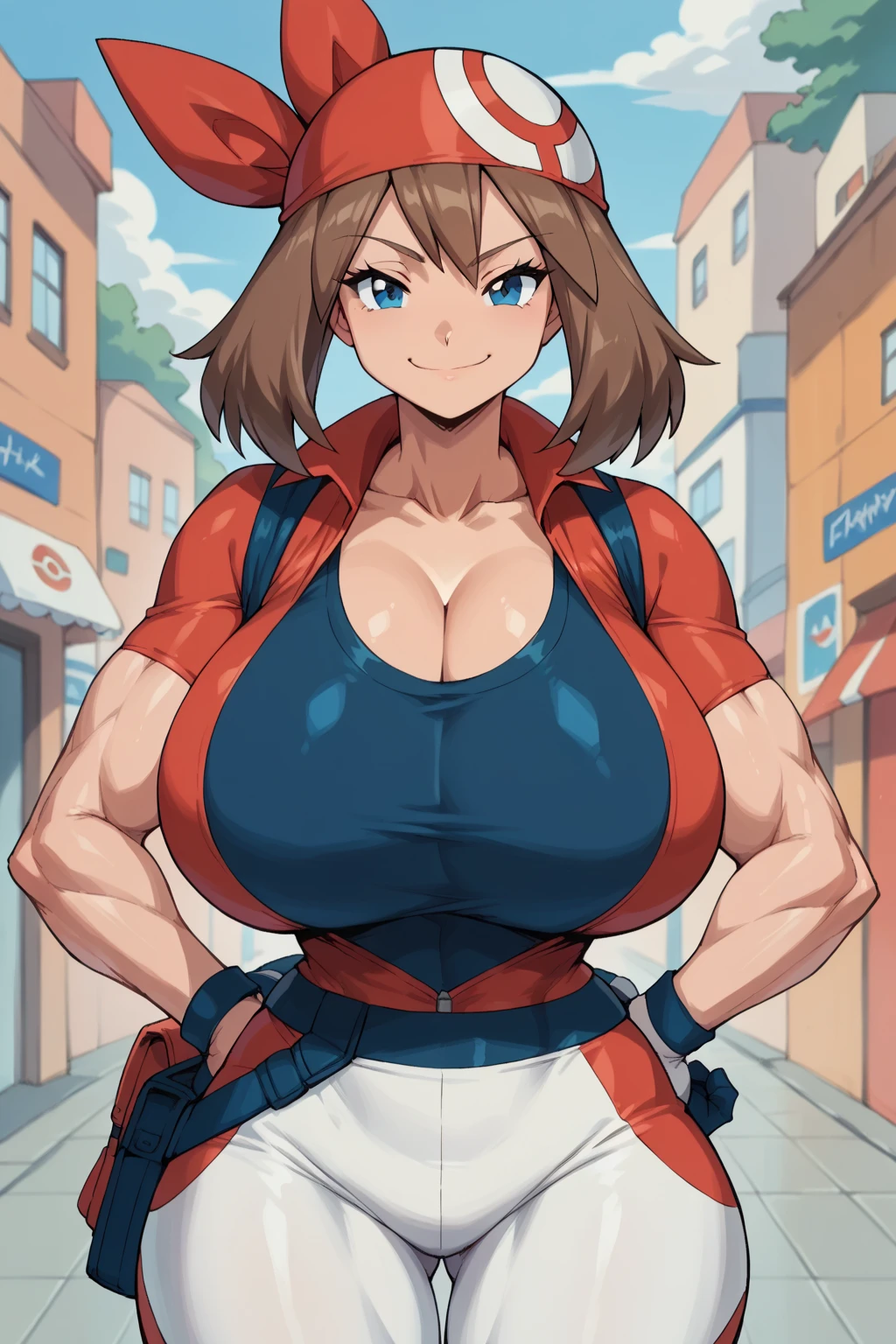 score_9, score_8_up, score_7_up, score_6_up, BREAK, pokemonmay, solo, blue eyes, brown hair, medium hair, 
(sexy outfit: 1.2),
torso, smug smile, (huge bust: 1.4), toned, muscles, hourglass body, 
