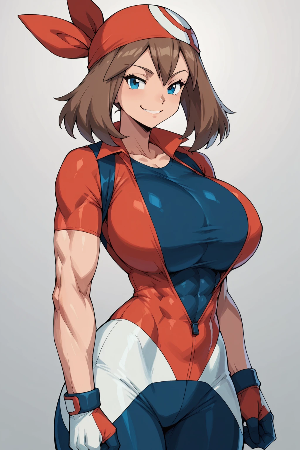 score_9, score_8_up, score_7_up, score_6_up, BREAK, pokemonmay, solo, blue eyes, brown hair, medium hair, 
(sexy outfit: 1.2),
torso, smug smile, (huge bust: 1.4), toned, muscles, hourglass body, 
