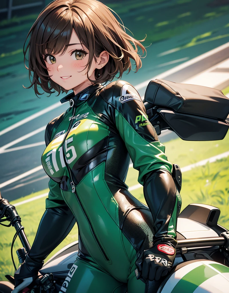  1 girl, solo,  high res, chest,  blush,  smiles,  short hair , bangs,  brown eyes,  high res, masterpiece, accurate,  anatomically correct,  wins numerous awards, 最 High Quality , high detail,  high definition model ,  High Quality ,  retina,  very detailed,  Ultra Fine, Brown Hair, standing, ((( GREEN LEATHER RACING SUIT ))), circuit field background , GREEN SPORTS BIKE ,  wear a green racing suit all over, Leather gloves,  open your mouth and laugh, Highlight the whole body,  don't reveal your skin, During a circuit race, Motorcycle circuit , motorcycle circuit,  racing suit with sponsor logo , ( 1 girl, Well-proportioned body,  cute face,  short hair:1.2), (最 High Quality ,  high res,  anime style to cover left eye,  Motorsports rider with digital drawing mode  ,  realistic :1.1), MotoGP rider,  pose beside a Moto GP bike with a helmet in hand,  depth of field ,  Circuit Background ,  detailed texture with helmet in hand, No. 15, 