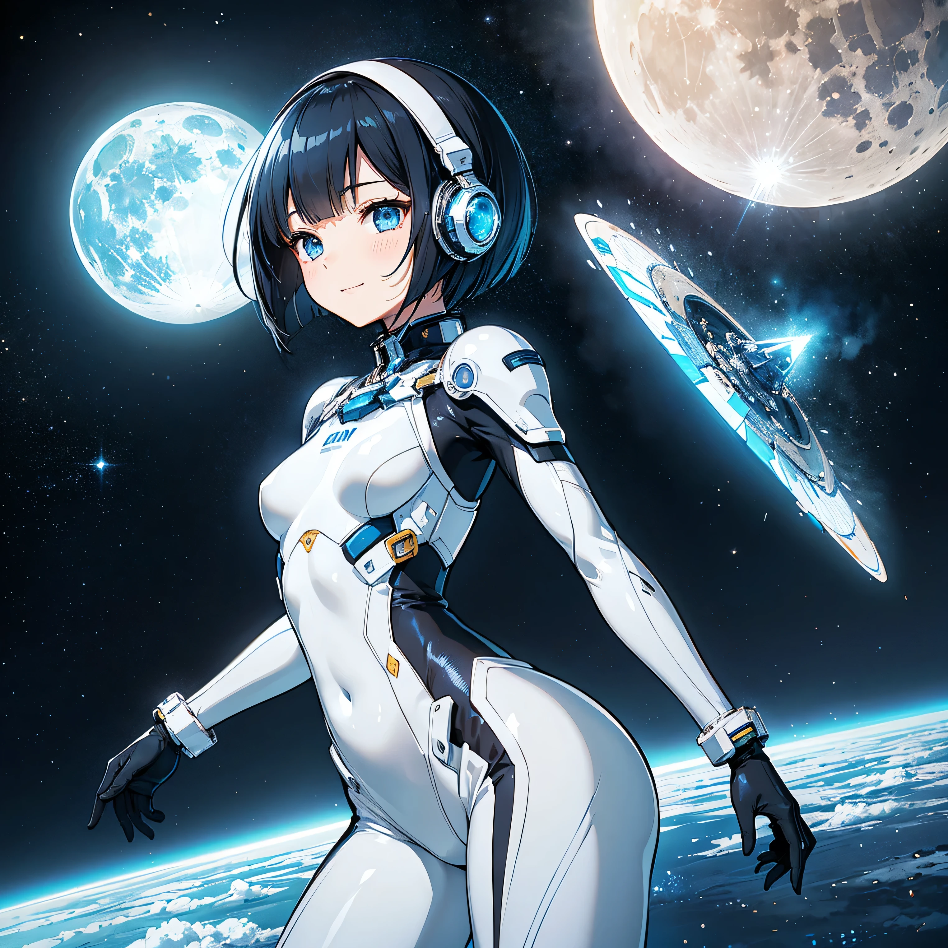 (masterpiece、 top quality 、 highest resolution、 clear_image、 Detailed Details): (Whole body、A 20 year old girl、Japanese Faces、 small face、 slender、 dark blue super short bob cut hair、(Hidden small breasts:1.3)、Sparkling blue eyes 、 white, blue, and black shiny pilot suit、Chest protection armor、Tight fitting clothes、Clothing that covers the whole body、Glamorous clothes、 tight fit pants 、Hide your skin、 very delicate and beautiful、Detailed Skin、Hide your thighs、Hide your ass、 cute、A gentle smile、Soft expression、heroine、 headset、 long boots、Elbow-length gloves、 eye level shot、Peace talks between warring factions,attention arousal, Clever Blue Eyes,Face directly、 woman on a spaceship )、 background、Moon in the background、shiny pilot suit in white, blue and black colors with galaxy clouds on the background 、Meteor Shower