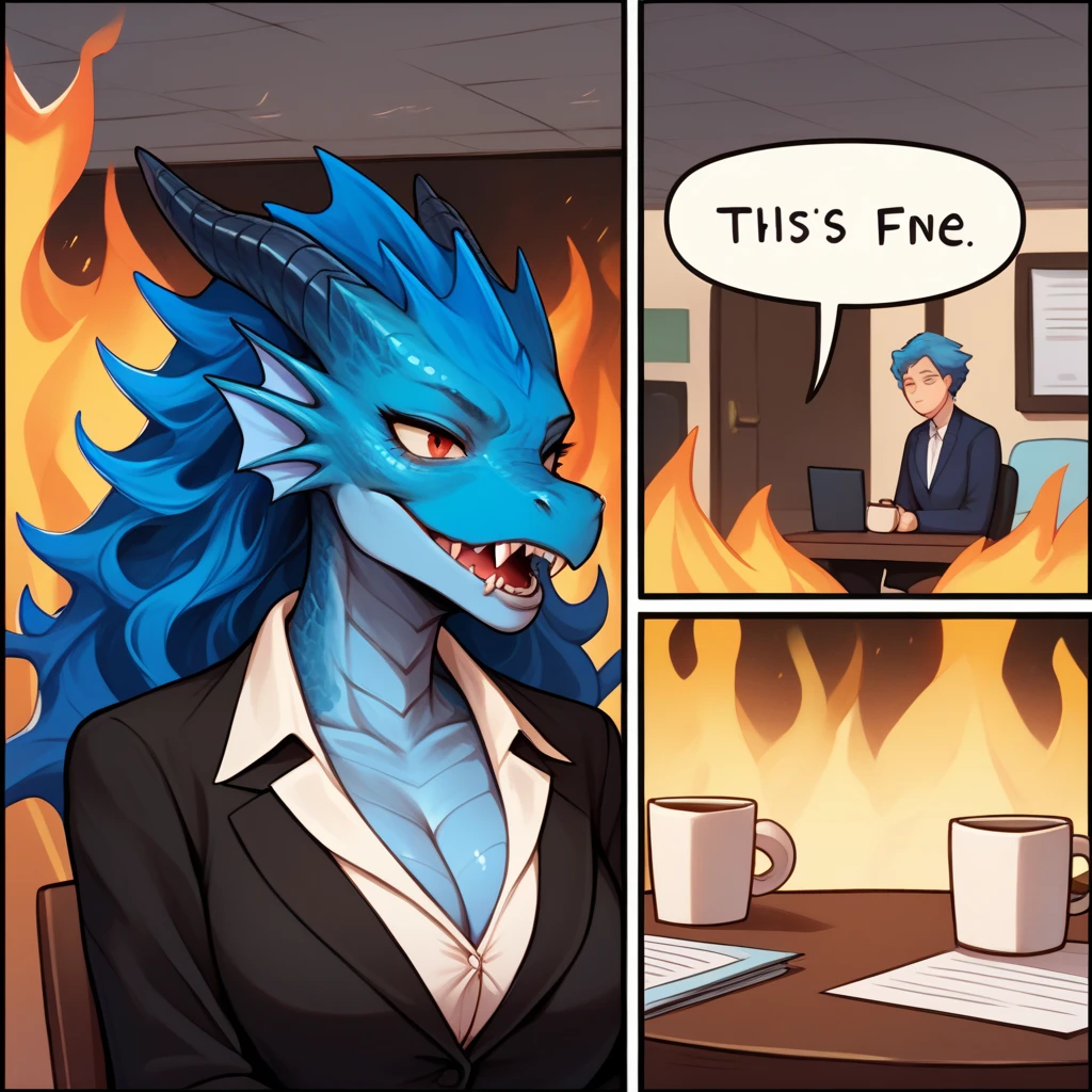 score_9, score_8_up, score_7_up, 2koma, comic, fire, sitting, speech bubble, burning, table, chair, cup, 1MILF, (masterpiece), blue skin, scales, dragon wings, dragon tail, blue hair, eyes open, fangs, office cloths, office lady cloths, cleavage, blue skin, MILF, Godzilla women, blue cleavage, horns, dragon face, long wavy hair,blue skin, fangs,