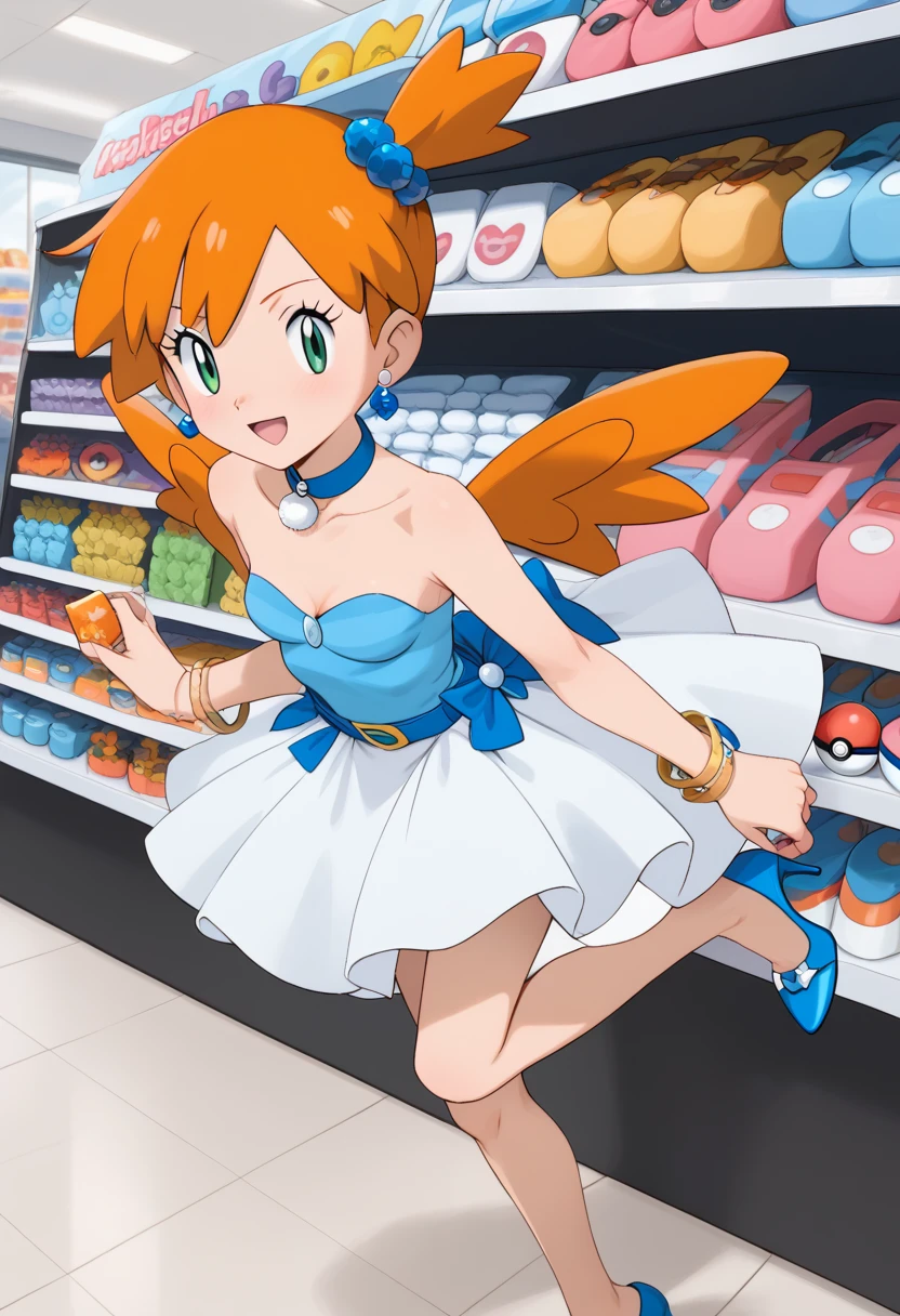 (Misty_Pokemon)
(Berry Short,Orange Hair,one side up hair,Big green eyes,Small breasts,Skinny) Ball Gown: This is a dress exclusive to Pokémon Contests, introduced in the sixth generation of the video games. It is a Japanese idol dress with pastel and bright colors, decorated with various ornaments. It includes a bow, a belt with wings to store a Poké Ball, high heels, and a golden bracelet to Mega Evolve 1.