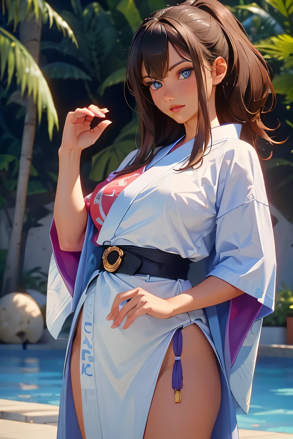 Beautiful woman . she is 29 years old . height 180 centimeters . Breast size 3 . blue eyes . brown-haired . She's a karateka . dressed in a kimono . She has a brown belt . Sparring against another girl .