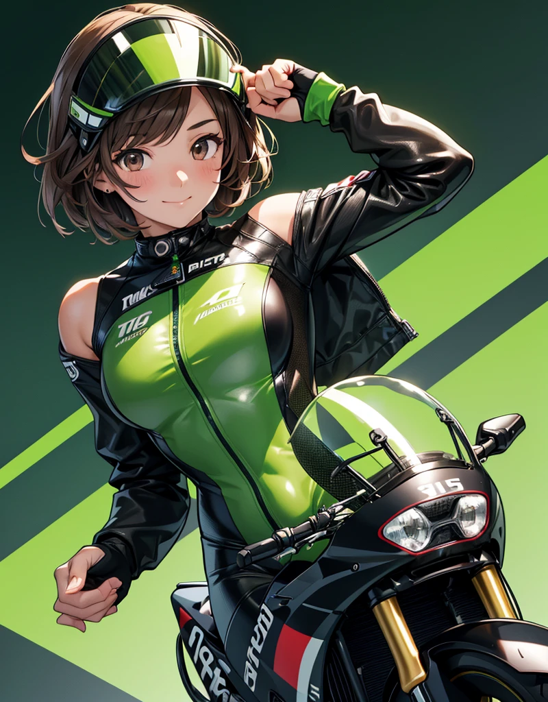  1 girl, solo,  high res, chest,  blush,  smiles,  short hair , bangs,  brown eyes,  high res, masterpiece, accurate,  anatomically correct,  wins numerous awards, 最 High Quality , high detail,  high definition model ,  High Quality ,  retina,  very detailed,  Ultra Fine, Brown Hair, standing, ((( GREEN LEATHER RACING SUIT ))), circuit field background , GREEN SPORTS BIKE ,  wear a green racing suit all over, Leather gloves,  open your mouth and laugh, Highlight the whole body,  don't reveal your skin, During a circuit race, Motorcycle circuit , motorcycle circuit,  racing suit with sponsor logo , ( 1 girl, Well-proportioned body,  cute face,  short hair:1.2), (最 High Quality ,  high res,  anime style to cover left eye,  Motorsports rider with digital drawing mode  ,  realistic :1.1), MotoGP rider,  pose beside a Moto GP bike with a helmet in hand,  depth of field ,  Circuit Background ,  detailed texture with helmet in hand, No. 15, 