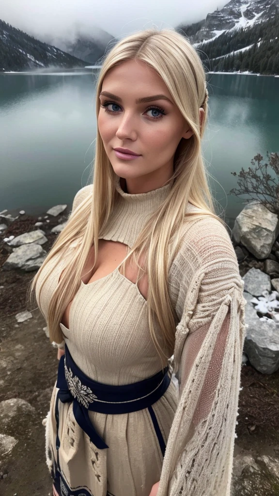 Blonde Woman leaning forward provocatively, Messy Hair, Pale Skin, Red Lips, On hands and knees. verlooking Mountain Valley, Alpine Lake. Dress Wth Woodcut Patterns, Black Knee-Length Pleated Skirt Wth Blue Embroidery, Norwegian V Neck Sweater With Rosemaled Designs. Midriff Wide Smile, Eyes Detailed & Wide,Dynamic Pose. On hands and knees Digital Painting, 4K Ultra HD, Rococo-Inspired Fantasy Art With Intricate Details. Cute, Charming Expression, Alluring-Gaze, Beautiful Blue Eyes, An-Ideal-Hourglass-Figure.. Large Youthful Well-Shaped Bosom, Large-butt. massive-Round-Breasts Décolletage. Full Length Side Profile. Kim Kardashian