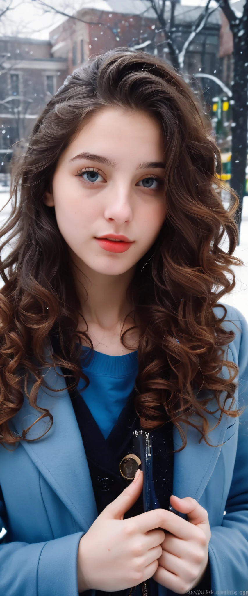 (indistinguishable from reality:1.4), 1girl, selfie, An half portrait of a beautiful 25 y.o New York Italian college student, (detailed facial features), (freckles:0.2), (acne:0.1), long thick luxurious curly hair, beautiful Jewish nose, shy smile, walking on University campus, winter, snowfall, ultra detailed texture Blue Light Long Sleeves Coat, , Nikon FM2, 35mm SLR