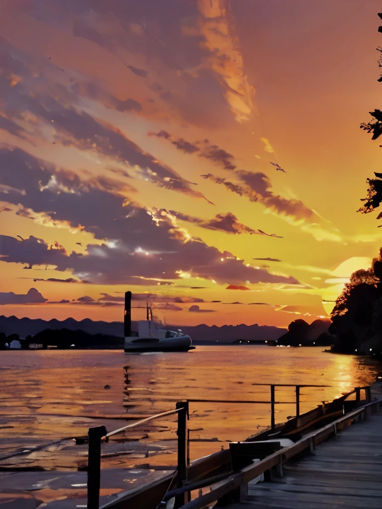 a sunset over the water with a boat in the foreground and trees in the background, a picture by Francisco de Holanda, shutterstock, fine art, warm beautiful scene, beautiful sunset, orange sun set, beautiful sunrise, the most beautiful sunset, sun sunset, orange sunset, sunset red and orange, sunset sunrise, very beautiful photo, beautiful sunset glow, golden sunset