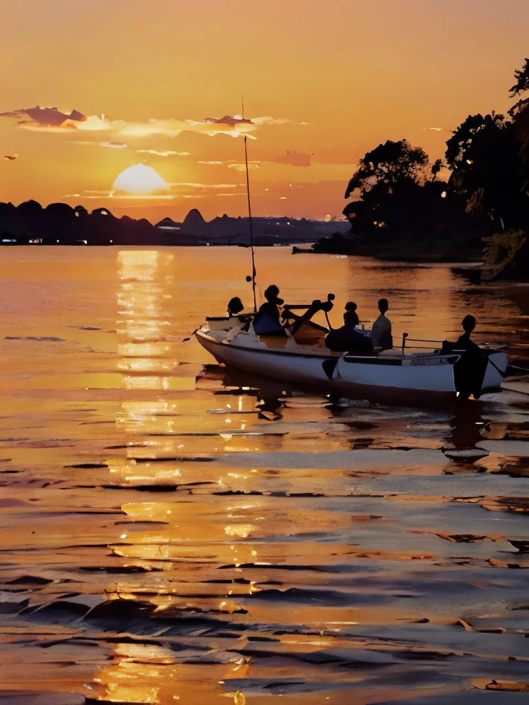 a sunset over the water with a boat in the foreground and trees in the background, a picture by Francisco de Holanda, shutterstock, fine art, warm beautiful scene, beautiful sunset, orange sun set, beautiful sunrise, the most beautiful sunset, sun sunset, orange sunset, sunset red and orange, sunset sunrise, very beautiful photo, beautiful sunset glow, golden sunset