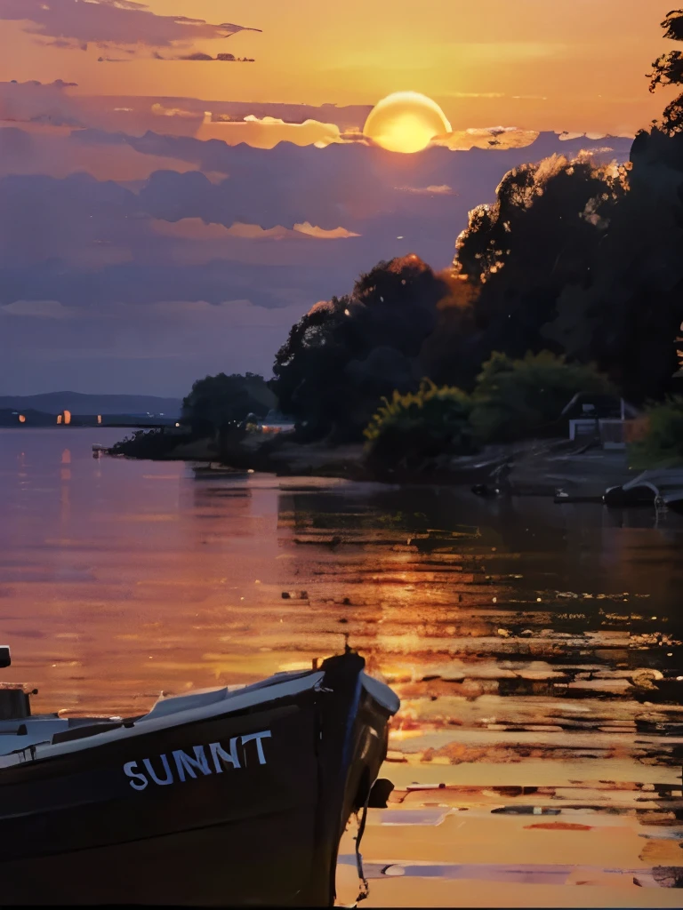 a sunset over the water with a boat in the foreground and trees in the background, a picture by Francisco de Holanda, shutterstock, fine art, warm beautiful scene, beautiful sunset, orange sun set, beautiful sunrise, the most beautiful sunset, sun sunset, orange sunset, sunset red and orange, sunset sunrise, very beautiful photo, beautiful sunset glow, golden sunset