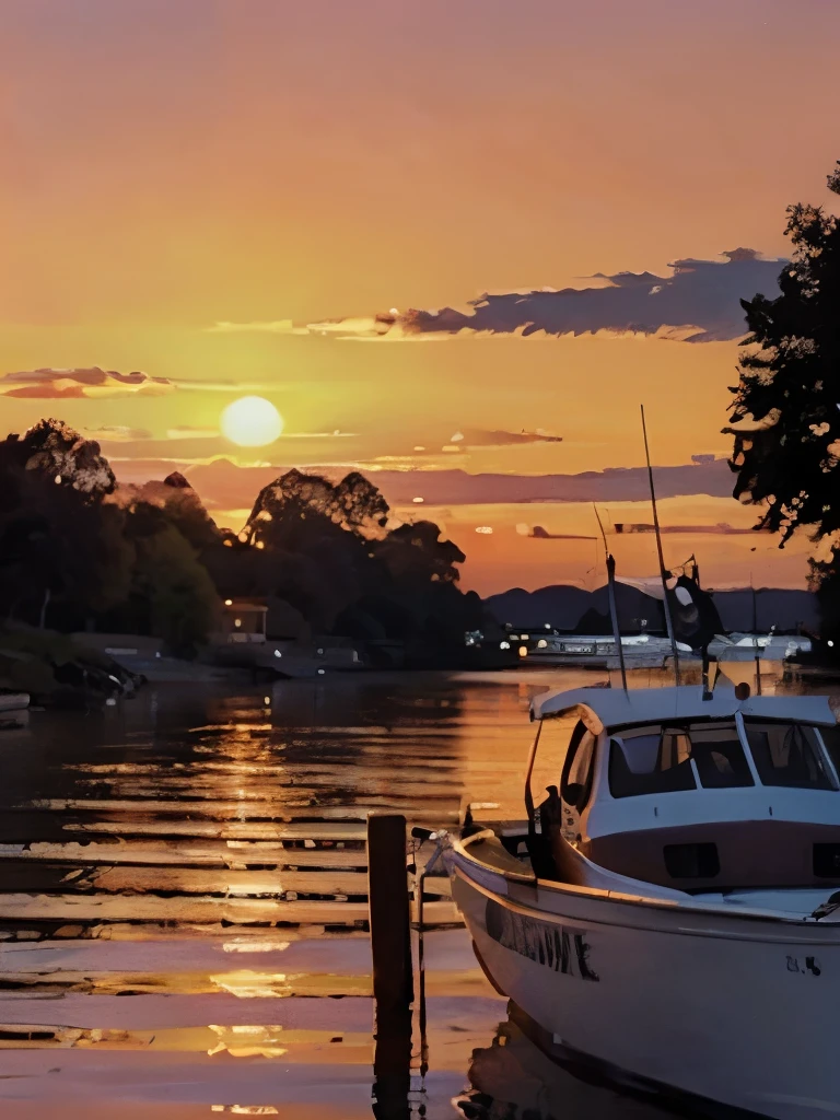 a sunset over the water with a boat in the foreground and trees in the background, a picture by Francisco de Holanda, shutterstock, fine art, warm beautiful scene, beautiful sunset, orange sun set, beautiful sunrise, the most beautiful sunset, sun sunset, orange sunset, sunset red and orange, sunset sunrise, very beautiful photo, beautiful sunset glow, golden sunset