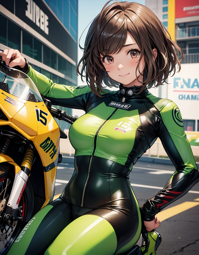  1 girl, solo,  high res, chest,  blush,  smiles,  short hair , bangs,  brown eyes,  high res, masterpiece, accurate,  anatomically correct,  wins numerous awards, 最 High Quality , high detail,  high definition model ,  High Quality ,  retina,  very detailed,  Ultra Fine, Brown Hair, standing, ((( GREEN LEATHER RACING SUIT ))), circuit field background , GREEN SPORTS BIKE ,  wear a green racing suit all over, Leather gloves,  open your mouth and laugh, Highlight the whole body,  don't reveal your skin, During a circuit race, Motorcycle circuit , motorcycle circuit,  racing suit with sponsor logo , ( 1 girl, Well-proportioned body,  cute face,  short hair:1.2), (最 High Quality ,  high res,  anime style to cover left eye,  Motorsports rider with digital drawing mode  ,  realistic :1.1), MotoGP rider,  pose beside a Moto GP bike with a helmet in hand,  depth of field ,  Circuit Background ,  detailed texture with helmet in hand, No. 15, 