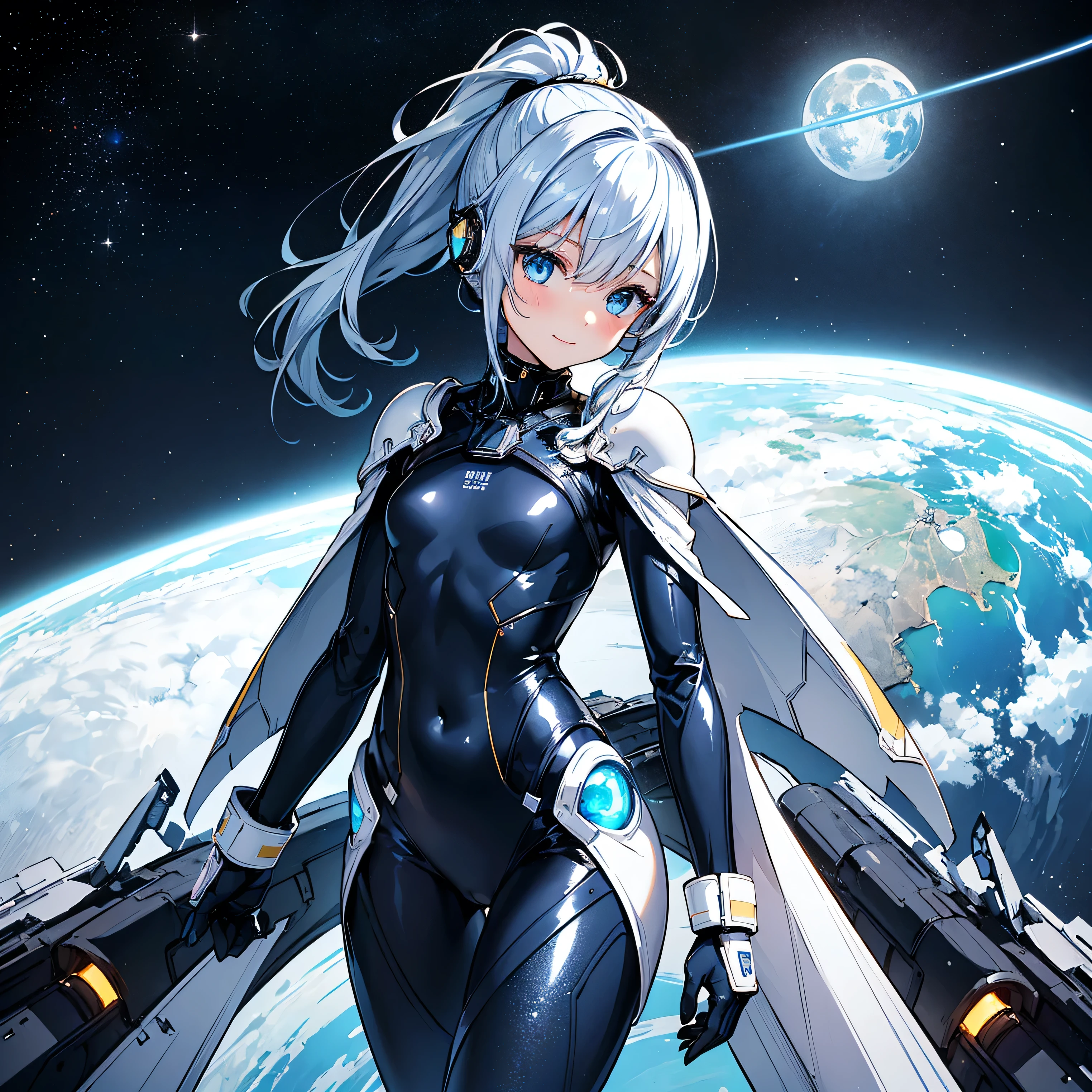 (masterpiece、 top quality 、 highest resolution、 clear_image、 Detailed Details): (Whole body、A 20 year old girl、Japanese Faces、 small face、 slender、Navy blue high knot ponytail、、(Hidden small breasts:1.3)、Sparkling blue eyes 、 white, blue, and black shiny pilot suit、Chest protection armor、Tight fitting clothes、Clothing that covers the whole body、Glamorous clothes、 tight fit pants 、Hide your skin、 very delicate and beautiful、Detailed Skin、Hide your thighs、Hide your ass、 cute、A gentle smile、Soft expression、heroine、 headset、 long boots、Elbow-length gloves、 eye level shot、Peace talks between warring factions,attention arousal, Clever Blue Eyes,Face directly、 woman on a spaceship )、 background、Moon in the background、shiny pilot suit in white, blue and black colors with galaxy clouds on the background 、Meteor Shower