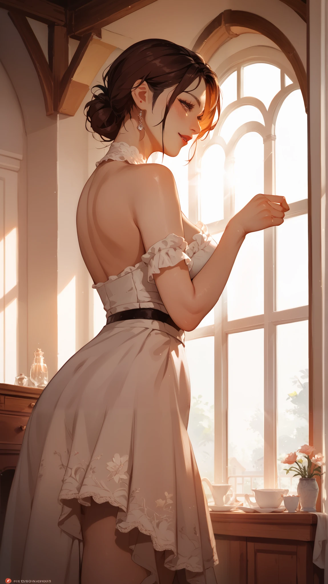 (masterpiece, best quality:1.2), solo, 1girl, Mikasa Ackerman, Attack on titan, looking at viewer, red gorgeous scarf, earrings, official art, extremely detailed CG unity 8k wallpaper, perfect lighting, (masterpiece:1.0),(best_quality:1.0), ultra high res,4K,ultra-detailed, photography, 8K, HDR, highres, absurdres:1.2,, bokeh:1.2, lens flare, (vibrant_color:1.2),(beautiful_face:1.5),(narrow_waist),(perfect hands, perfect anatomy), white wedding dress, wedding dress, gala dinner, holding a glass of wine, white dress