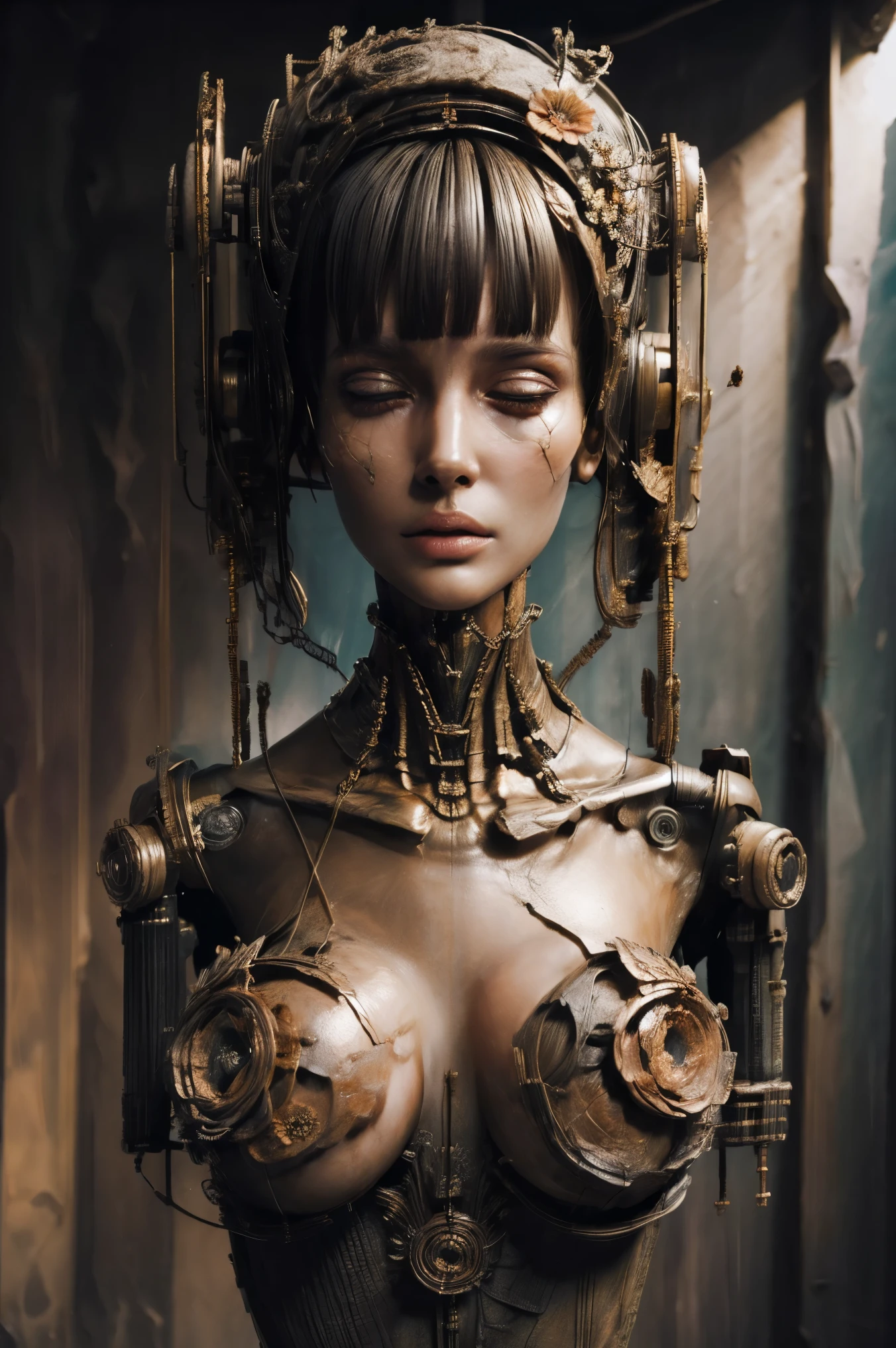 (masterpeace), ((super real photography: 1.5)), ((photo realistic: 1.3)), (real photo),
young girl with a lot of flowers, ((A young girl robot: 1.5)), (bust statue),
BREAK
headgear, ((real metalic skin)), ((beautiful face: 1.5)), ((Super cute: 1.5)), ((babyface: 1.5)), ((well-balanced face)), (close eyes: 1.3)), longeyelashes, stunning big eyes, luscious glossy lips, ((blunt bangs: 1.5)), (long hair),
BREAK
(slender body: 1.3), petite bust, flower bloom, (flowers: 1.5),
BREAK
High-Mechanic body, octane rendering, Super Detailed machine, ((connected electric cables)),
BREAK
(simple background: 1.3), ((bust shot: 1.3)), cinema quality, professional photograph, (photo studio: 1.5), (Bright Light: 1.2), Eye-Level Shot, wide lens, (fujifilm 35mm), (film photo), RAW, Excessive Embellishment, UHD,
BREAK
anatomically correct, textured skin, best quality, 8k