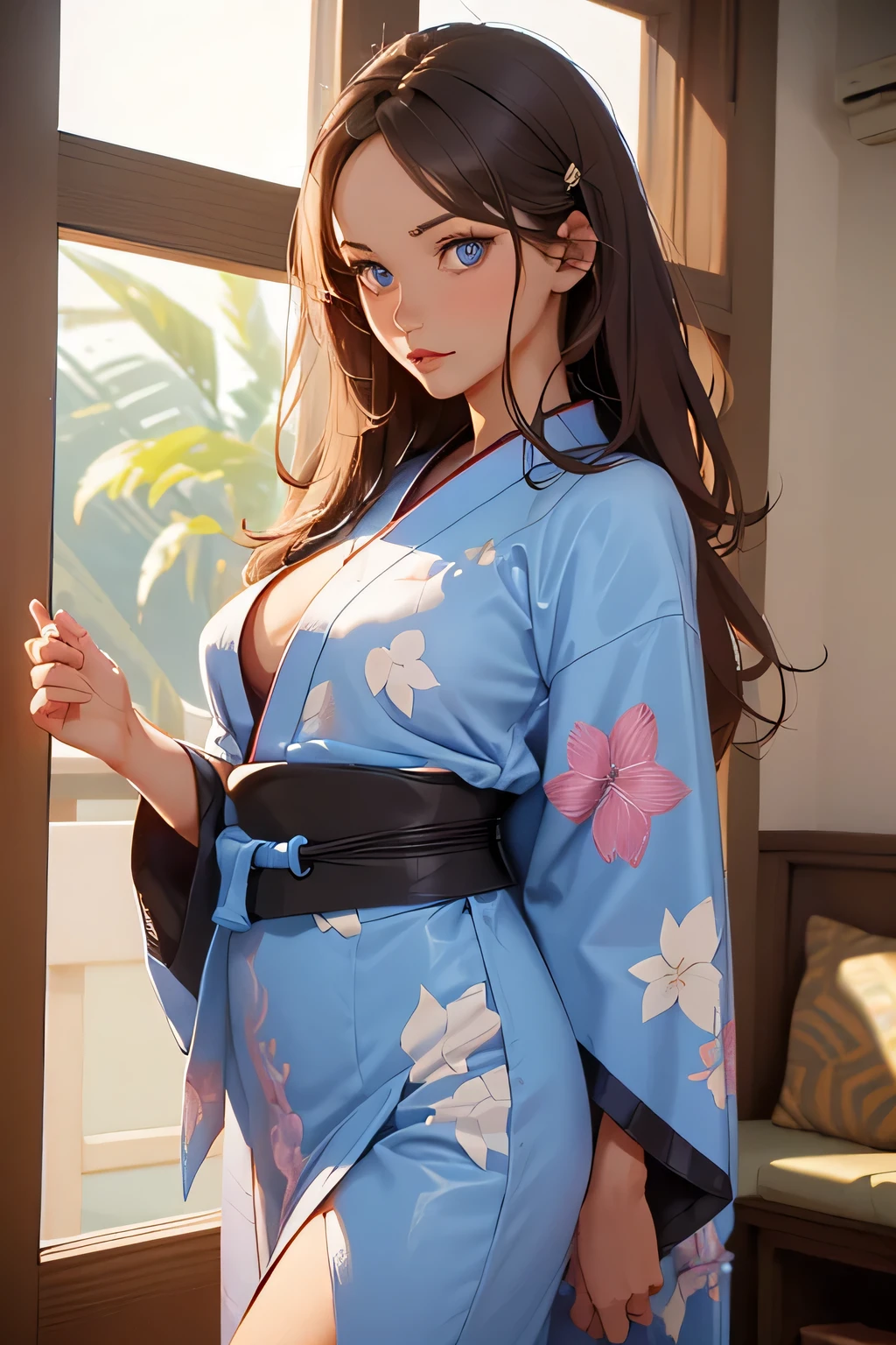  Beautiful woman . she is 29 years old . height 180 centimeters . Breast size 3 .  blue eyes  . brown-haired .  She's a karateka  . dressed in a kimono . She has a brown belt . Sparring against another girl . 