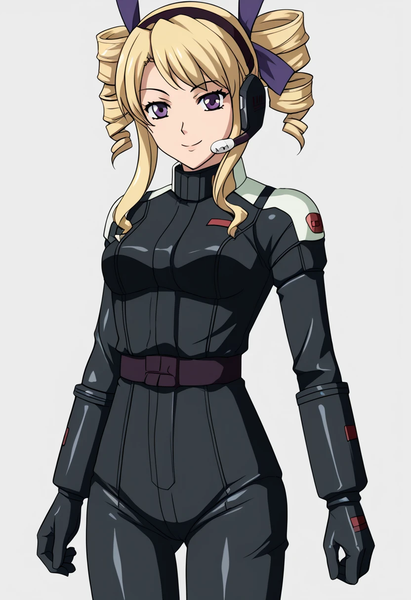 Z Gundam pilot suit, (  black pilot suit for piloting a machine:1.5) 、,score_9、 score_8_  up、 score_7_  up、 Destroys Top Quality 、 Refined details 、  source anime 、  1 girl、 1 girl、f_is、Blonde、 twin drill、 drill hair、 purple eyes、side lock、 hair bow、Medium breast、 headset、  sexy pose taken from the butt、 Enchanting Poses  ,  seductive smile 、hanger、hangerにかけられた制服