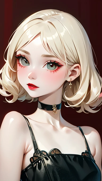 Girl, Vintage, flapper, 1920, beautiful, light blonde hair, pale skin, heart lips, pin-up, strapless gingham dress, red lips, flirty, eyes looking up