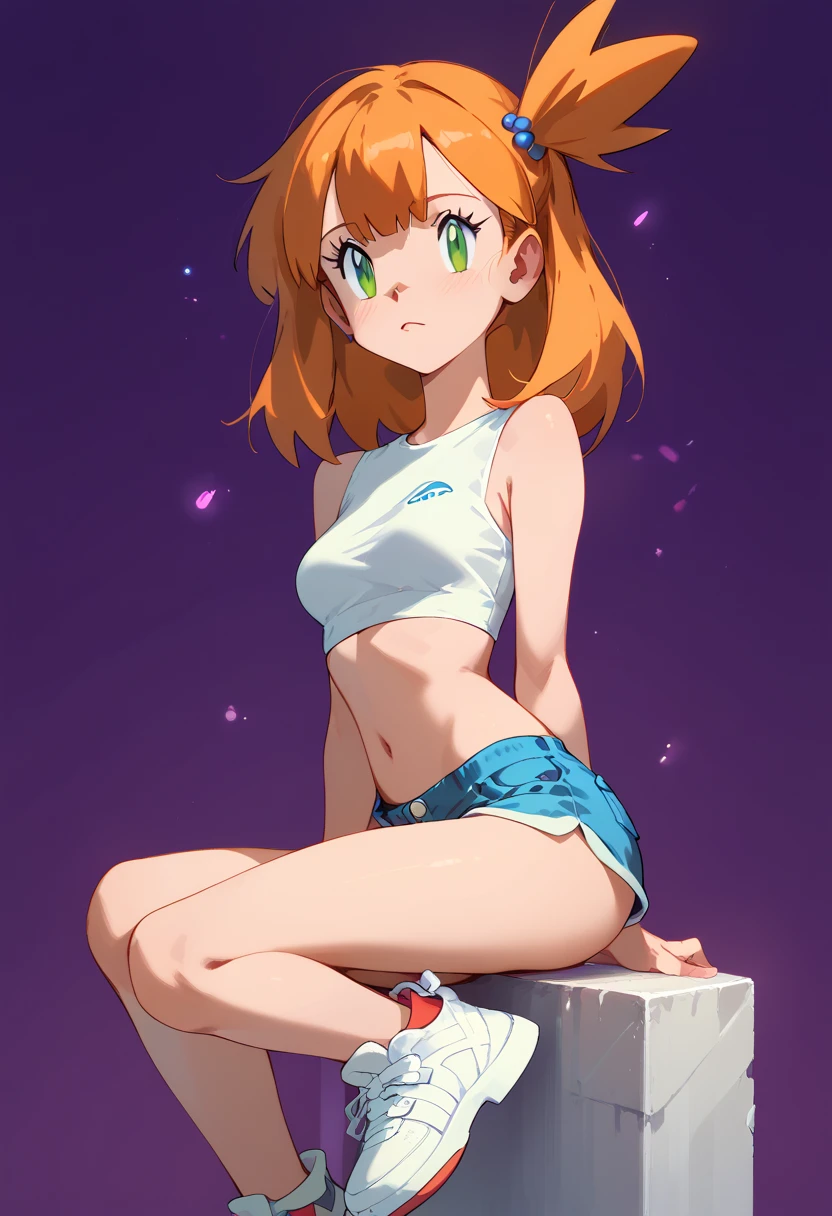 ToMisty_pokemon , Berry Short,Orange Hair, one side up hair ,Big green eyes,Small breasts ,Skinny .pokemon. White sleeveless crop top, Blue short shorts. Red and white sneakers. emotionally disconnected from her surroundings or the people around her. purple background, fading to black at the corners. emotional disconnection , melancholic,