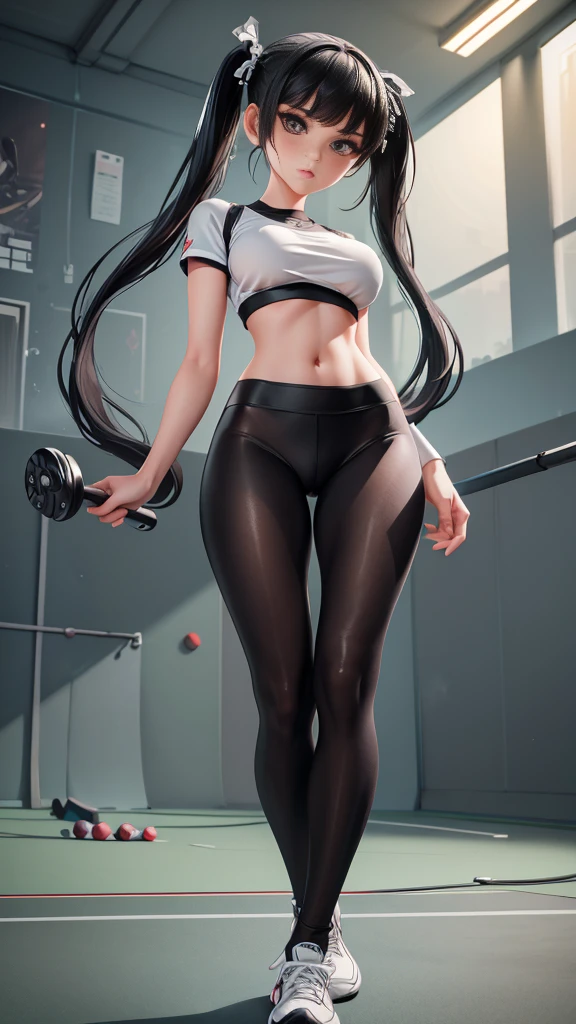 (8k, best quality, masterpiece:1.2), (realistic, photo-realistic:1.37), (full body), standing, legs apart, (wide stance) standing contrapposto, ultra-detailed, 1 girl,cute, solo, (tifa lockhart), (medium breasts:1.5), (beautiful detailed eyes), (smile:1.2), (closed mouth), sharp focus, depth of field, good composition, Final Fantasy VII, black hair, very long straight hair, hair bang, ((red_eyes)), intricate, bokeh, (Tetsuya Nomura style), perfect breasts, sporty grey sportsbra, grey yoga leggings, blue highlights on clothes, (cameltoe:1.5) fat mons, long lace gloves, lace stockings, garters, toned body, athletic, wide hips, thin waist, toned arms, exposed abdomen, view from front