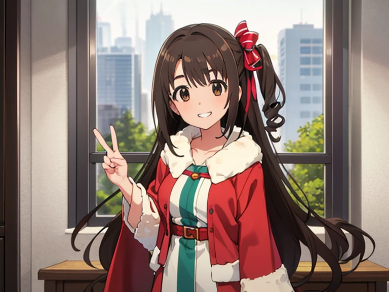 1人の女の子, ソロ, masterpiece, best quality, hyper detailed, beautiful, highres, woman, glad, cheerful grin, standing, making a peace sign, looking at viewer, long hair, side tail, straight hair, brown hair, brown eyes, big eyes, tall, slim, beautiful breasts, (simple red christmas costume, fake fur, poncho), hair ribbon, 30-year-old, inside, with a window, in the afternoon, cute, beautiful, upper body, ヘアゴム, 