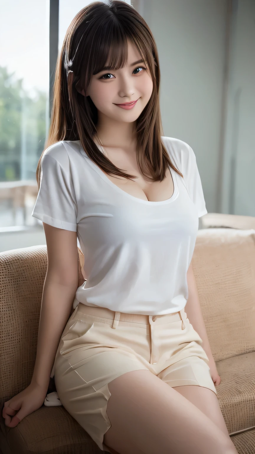 ((highest quality, 8k, masterpiece :1.3)), whole body, Sharp focus :1.2, Beautiful woman with perfect figure :1.4, Slim Abs :1.2, ((Dark brown hair, Big Breasts :1.2)), Body Dress :1.1, (Night city view, Modern balcony :1.1), Highly detailed face and skin texture, Fine grain, double eyelid, Small Bust, OL Uniform, office Wear, White T-shirt, Exposed cleavage, (Black Pantyhose), (No pants), Indoor scene, office