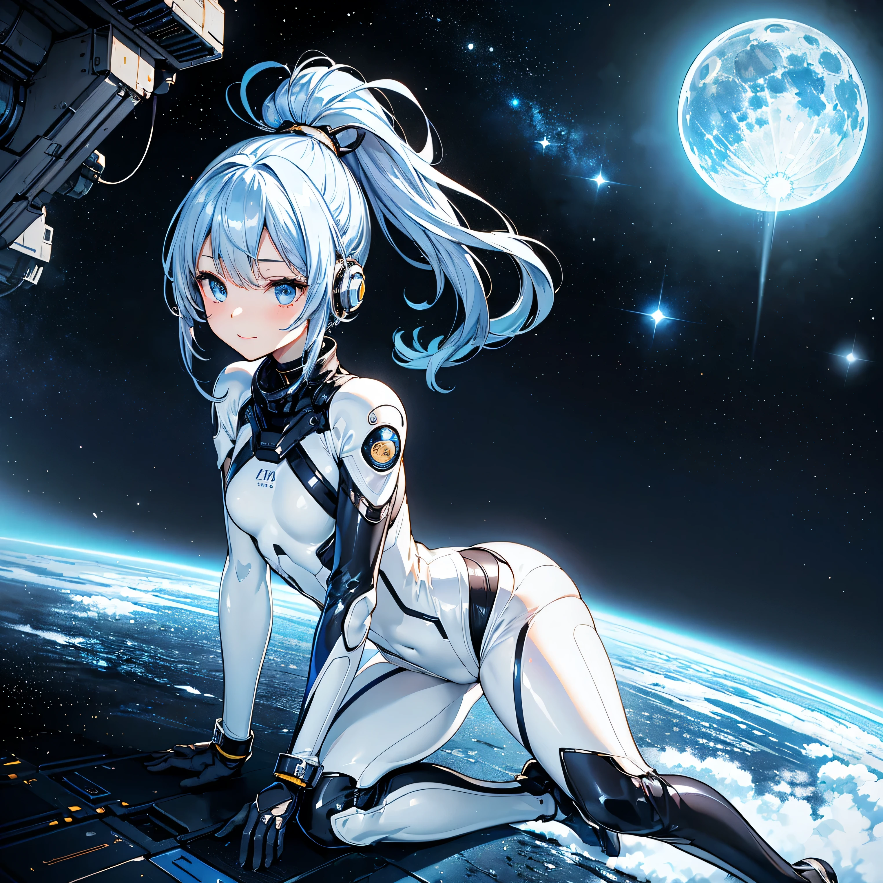 hight resolution、(​masterpiece:1.4)、ultra-detailliert、女の子 1 人、Light blue long hair、A charming smile、Create a female astronaut, Light blue long hair long hair、Black eyes, space suits, Without helmet, without backpack, Children's drawing style