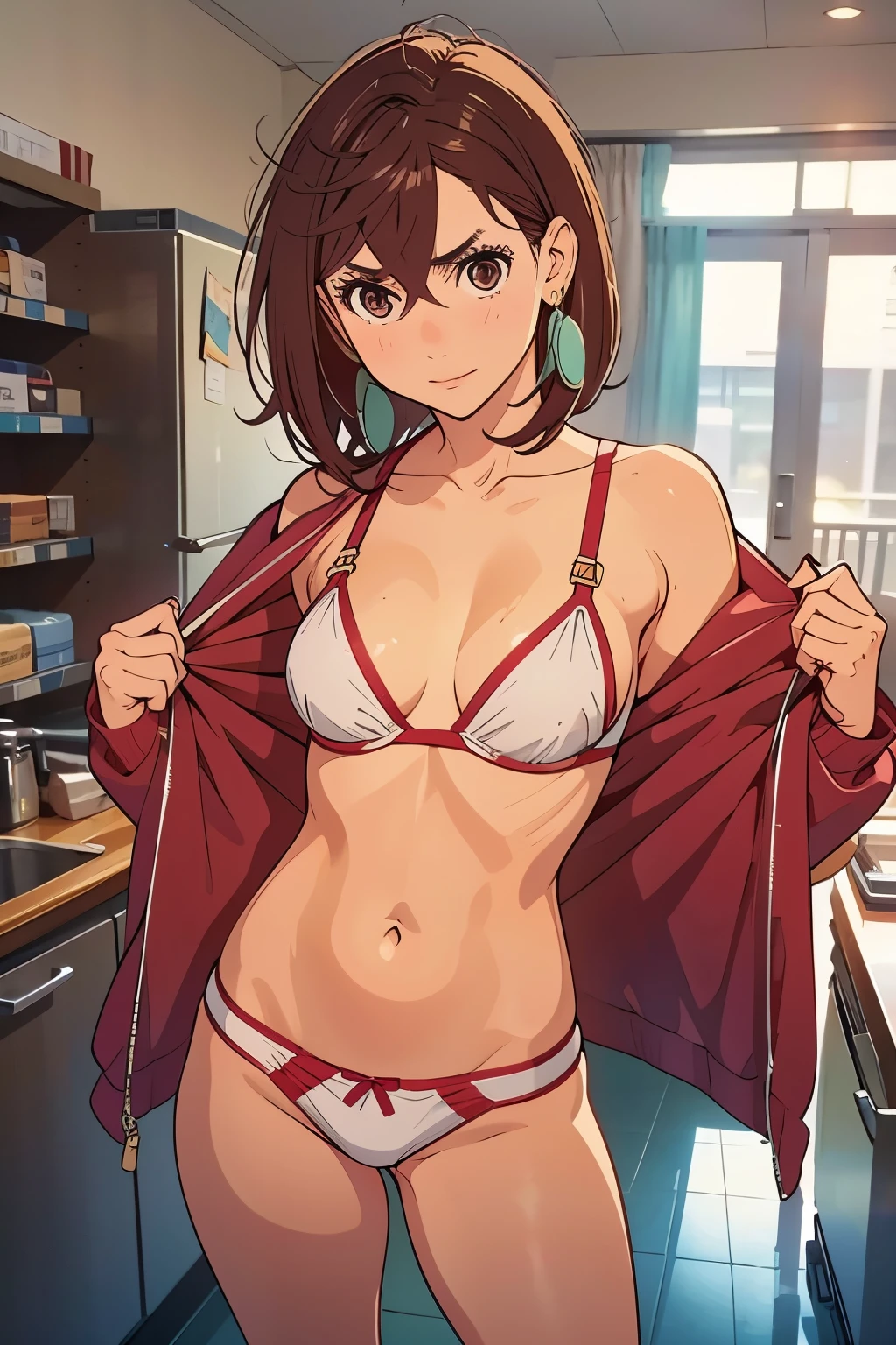 Momo Ayase, short hair, brown hair, wearing sexy body lingerie