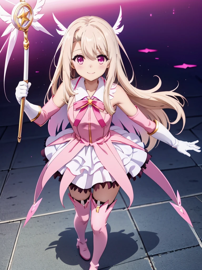 one girl, Illyasviel von Einzbern, Prisma Illya, cute face, thin and tall, smile, long hair, ribbon, magical girl, white and pink sleeveless dress, white and pink gloves, pink thigh boots, white cape, magical stick, full body shot, sky view