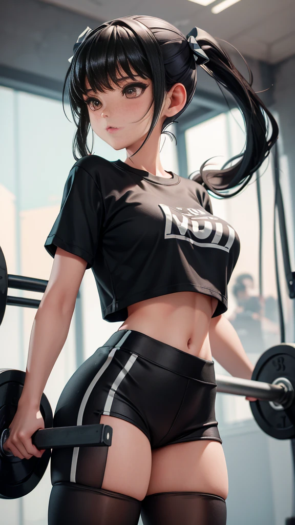 (highest quality,4K,8K,High resolution,table top:1.2), Super detailed, (realistic,photorealistic,photo-realistic:1.37), ,beautiful girl,((full body)),((sweat)),((left arms up)),((jump)),,(grin and laugh),((caramel hair color)),((medium long hair)),((ponytail hairstyle)), ((messy hair)),((T-shirt and black leggings)), ((off-shoulder design T-shirt)),((long length T-shirt)),((dancing in the gym)),((loose Socks)),((loose socks)),(sneakers),espadrilles,beautiful and detailed eyes, beautiful detailed lips, highly detailed eyes and face, long eyelashes, realistic anime 3D style, Smooth anime CG art, Digital rendering by Makoto Shinkai, Moe anime art style, photorealistic rendering of an anime girl, Shinkai Makoto style, Cute anime girl visuals, realistic young anime girl, girl fan art, Created by Anime Artist&#39;studio of.