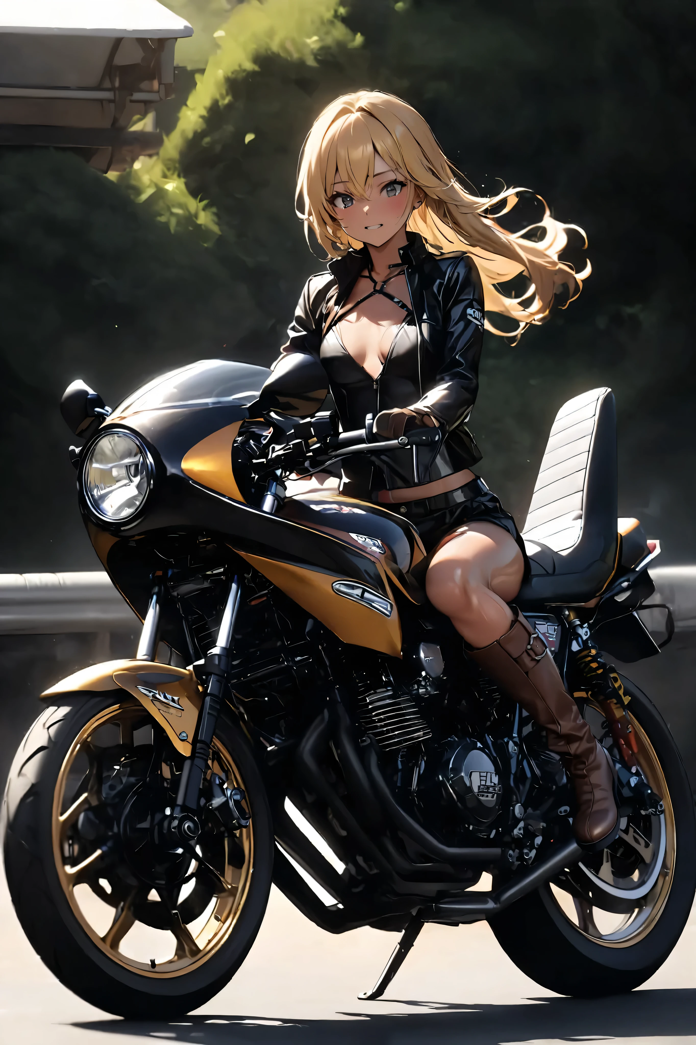 1 high school girl rides a motorcycle tuned to Honda CBX400F cafe racer specifications, a separate handlebars 、Glossy tanned skin, small breasts, video,   inviting ,  top quality ,  leather gloves , perfect face、Yellow Hair、 Japanese bad girl、 brown long boots 、 anatomically correct, タンクトップを着ている