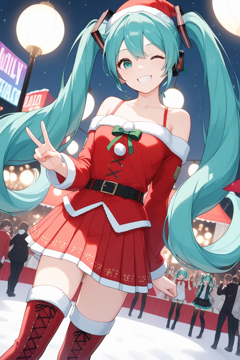 hatsune miku (vocaloid)
masterpiece, exquisite, beautiful, woman, hopeful, cheerful grin, wink, standing, making a peace sign, looking at viewer, twintail, high twintails, aqua hair, green eyes, big eyes, tall, slender, leggy, (simple red christmas costume, fake fur, Off-Shoulder, mini skirt), black long boots, 20-year-old, at concert, on stage, in the festival, surrounded by stars and stardust, at night, beautiful, cel anime, moonlight, underlighting, outside, in the city, at night, with snow