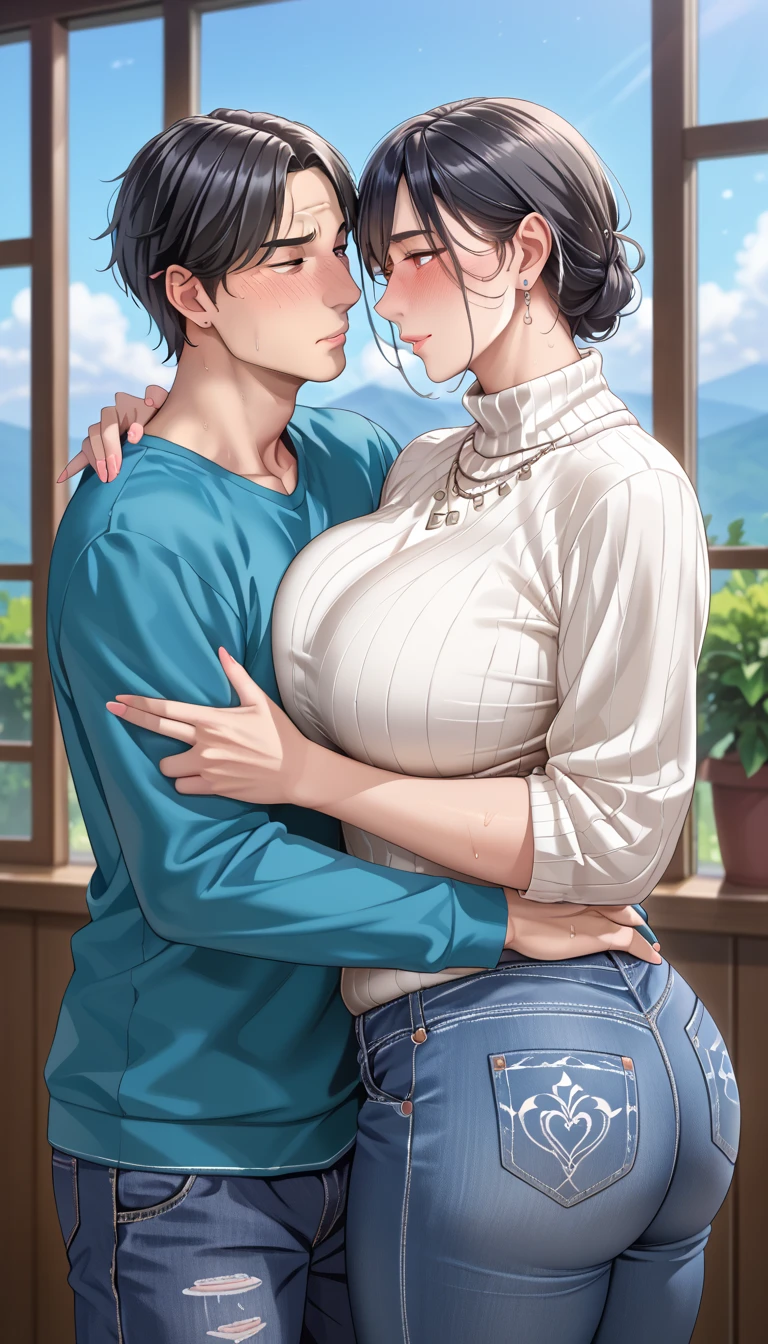 source realistic, couples after insertion、Mother and  petite boy 、Clothing、 with incredibly big breasts、Heavy chest、 very big butt、Glamour、 chubby、 plump 、 black hair、Puzzled、blush、sweating、 V neck sweater、jeans、Small wrinkles around the mouth 、 small wrinkles around the eyes 、 boy hugging a woman from behind、upper body、looking away, masterpiece, anatomically correct, super detail, high details, high quality, best quality, highres, 8k
