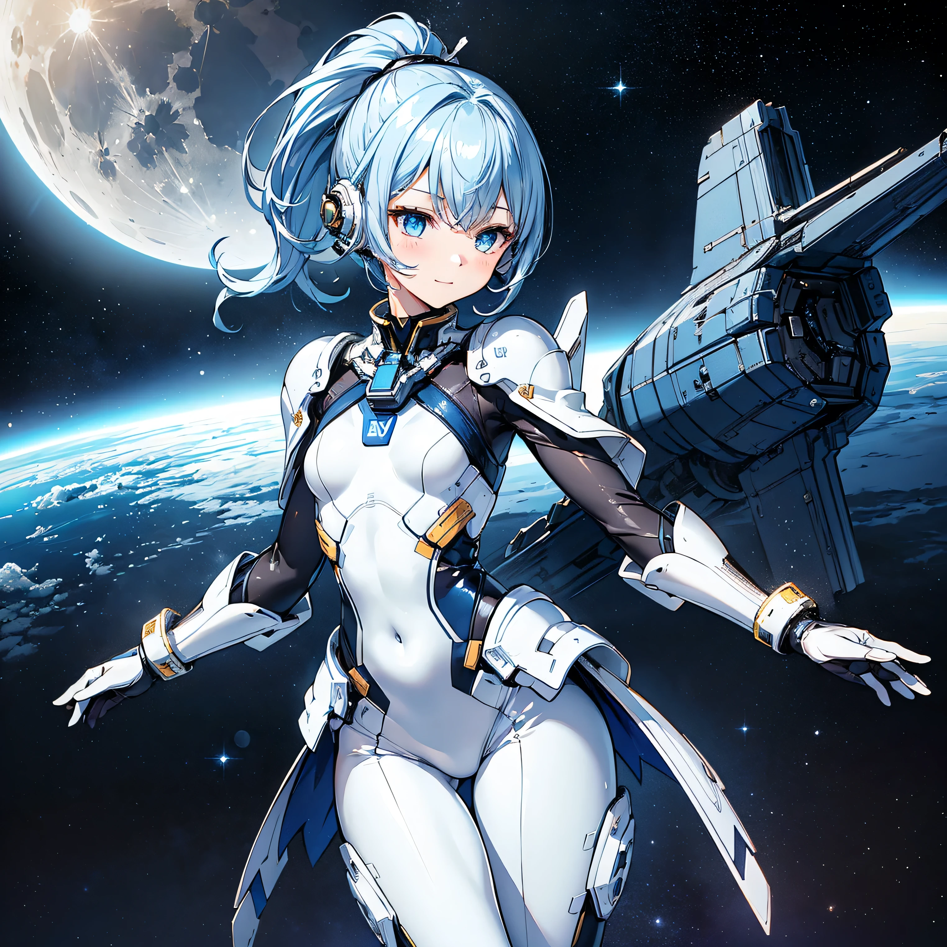 (masterpiece、 top quality 、 highest resolution、 clear_image、 Detailed Details): (Whole body、A 20 year old girl、Japanese Faces、 small face、 slender、Navy blue high knot ponytail、、(Hidden small breasts:1.3)、Sparkling blue eyes 、 white, blue, and black shiny pilot suit、Chest protection armor、Tight fitting clothes、Clothing that covers the whole body、Glamorous clothes、 tight fit pants 、Hide your skin、 very delicate and beautiful、Detailed Skin、Hide your thighs、Hide your ass、 cute、A gentle smile、Soft expression、heroine、 headset、 long boots、Elbow-length gloves、 eye level shot、Peace talks between warring factions,attention arousal, Clever Blue Eyes,Face directly、 woman on a spaceship )、 background、Moon in the background、shiny pilot suit in white, blue and black colors with galaxy clouds on the background 、Meteor Shower