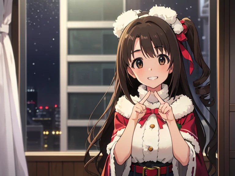 1人の女の子, ソロ, masterpiece, best quality, hyper detailed, beautiful, highres, woman, glad, cheerful grin, standing, making a peace sign, looking at viewer, long hair, side tail, straight hair, brown hair, brown eyes, big eyes, tall, slim, beautiful breasts, (simple red christmas costume, fake fur, poncho), hair ribbon, 30-year-old, inside, with a window, in the afternoon, cute, beautiful, upper body, ヘアゴム, 