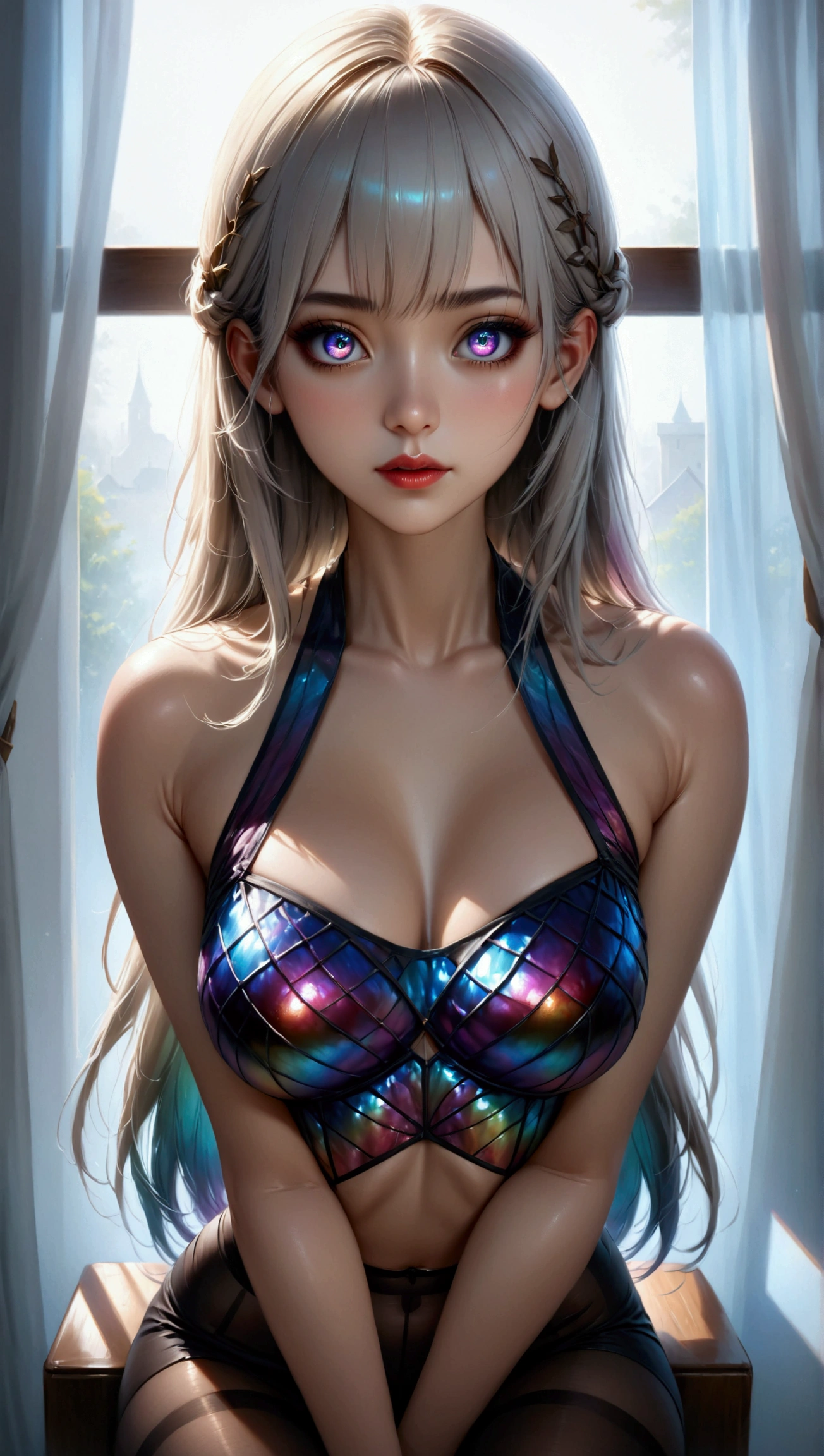 (work of art, Maximum quality, best qualityer, offcial art, comely, Cosmic, atmospheric, psychedelic, dreamlike and aesthetic, swirling psychedelic Cosmic graffiti patterns:1.2), (1 girl), extremely detaild,(Fractal Art:1.3),colorfully,More Detailed, "(best qualityer, 8k, 32 mil, tabletop:1.3), ultra detali, (photorrealistic:1.4), Pink and white colors, perfect color scheme, albino, punk rock girl, Detailed moonlight eyes, full - length portrait, Luxurious Neon White Punk Hair, Punk rock fashion inspired by Harajuku, super huge enormously gigantic , cleavage showing, avant-garde makeup, numerous piercings, Heavily tattooed body, swirling psychedelic Cosmic dreamlike graffiti pattern background