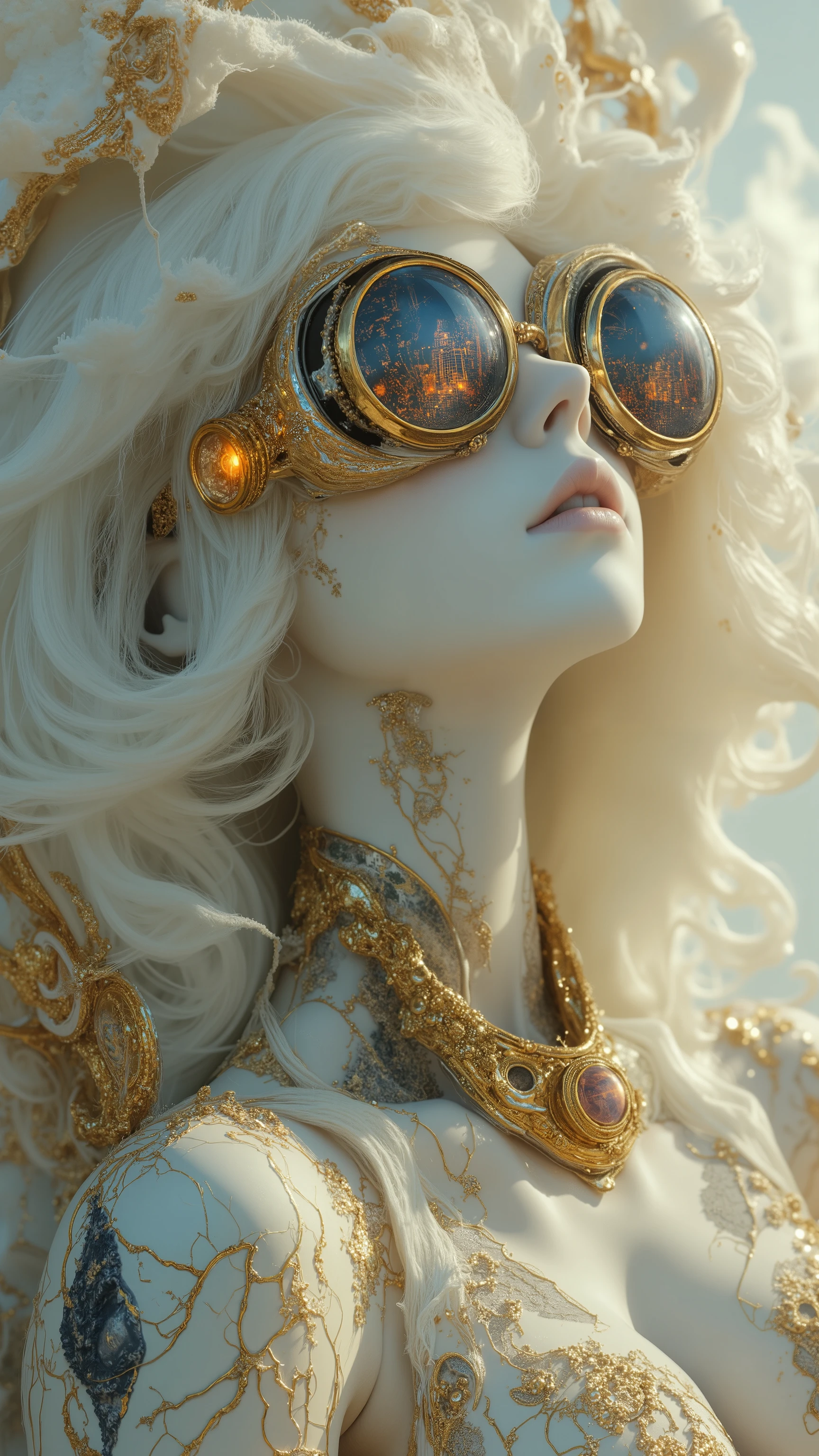 A futuristic, surreal portrait of a biomechanical cyber-woman with intricate, organic, and mechanical elements integrated into her design. She has flowing white hair that seems to merge into a swirling, cloud-like texture, and her skin is porcelain white with delicate golden cracks resembling a network of veins or circuits. She wears elaborate steampunk goggles with golden frames, reflecting a vibrant, abstract cityscape. Her neck and shoulders are adorned with intricate, lace-like patterns resembling a blend of golden filigree and dark organic matter. The overall aesthetic is a fusion of cyberpunk, baroque, and fantasy, with glowing, otherworldly highlights and a soft, ethereal background. The mood is mysterious, elegant, and futuristic.